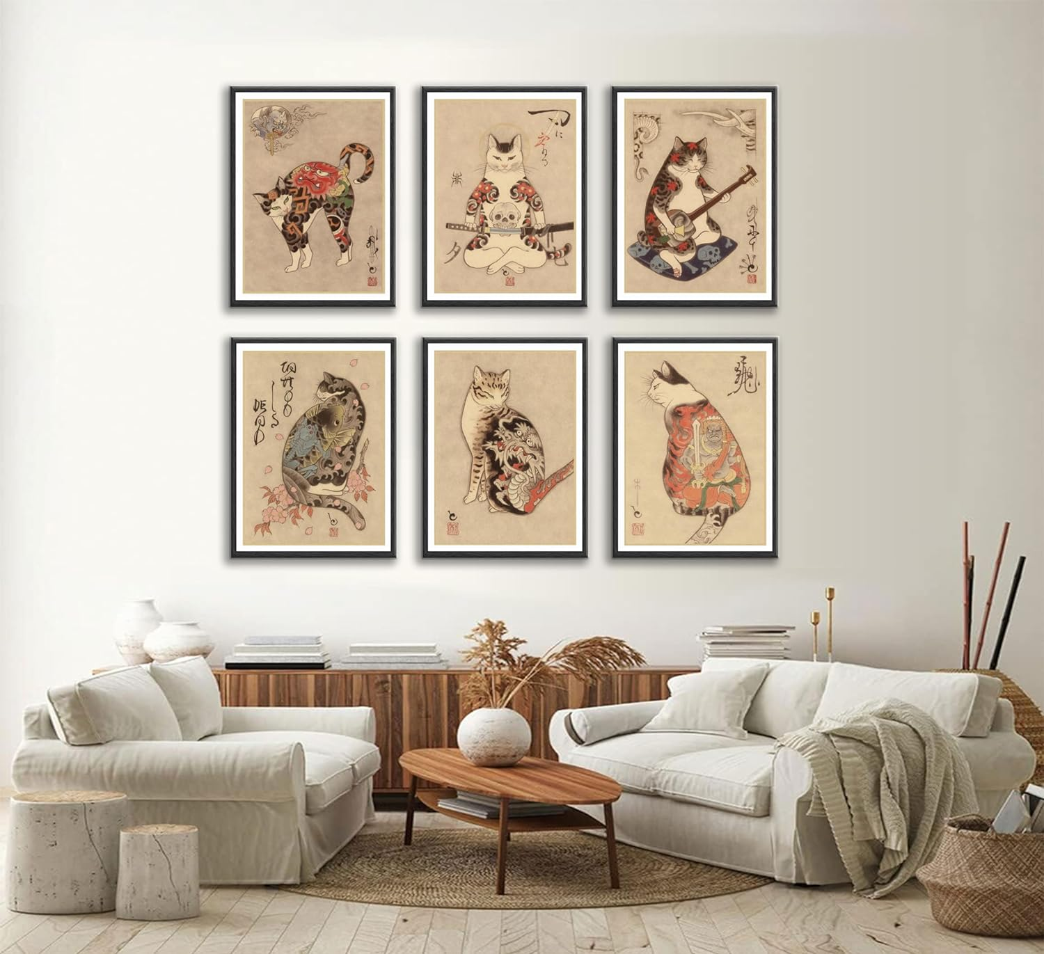 NBYARTQ 6Pcs Japanese Samurai Cat Wall Art Prints of Posters Japan Bushido Decor Kung Fu Paintings Tattoo Funny Fantasy Photo Picture Canvas Poster Painting for Living Room Print Bedroom Home Artwork image number 5
