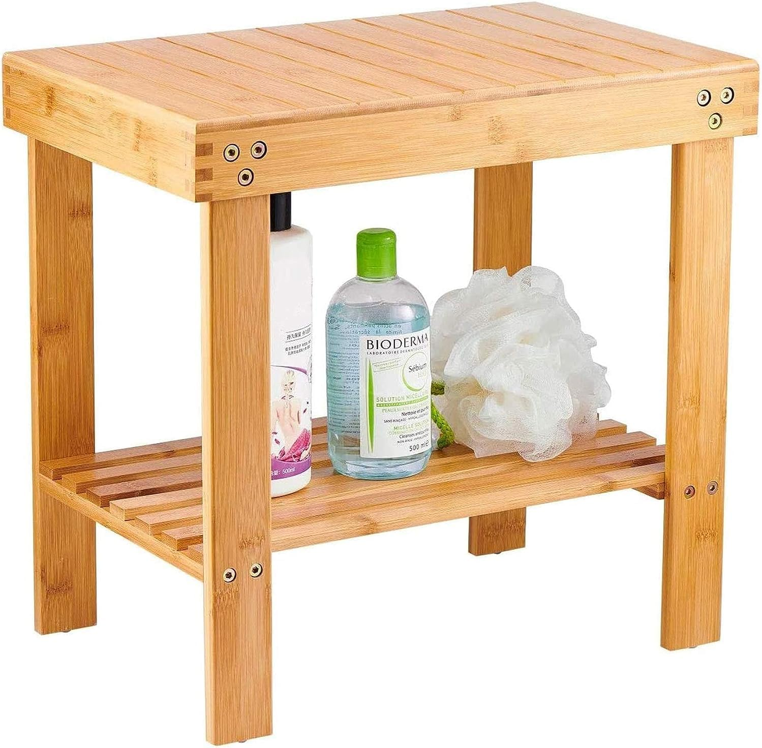Vaefae Bamboo Spa Bench Wood Seat Stool Foot Rest Shaving Stool with Non-Slip Feets Storage Shelf for Shampoo Towel,Works in Bathroom/Living Room/Bedroom/Garden Leisure image number 6