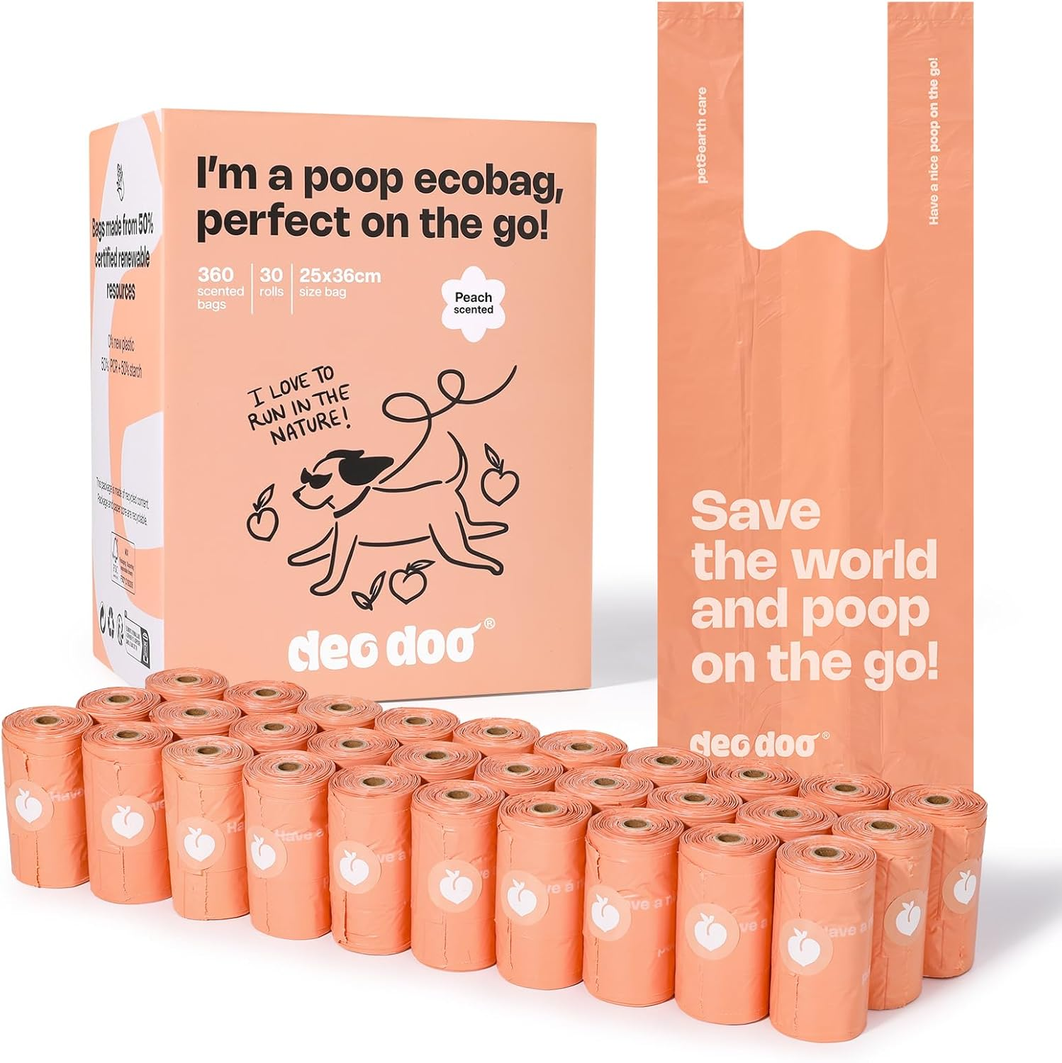 Deo Doo Dog Poop Bags with Handles 30 Rolls 360 Counts Big Sizes Leak Proof and Extra Thick Waste Bags Refill Rolls for Walking Small Medium Large Dogs Cats Litter Peach Scented