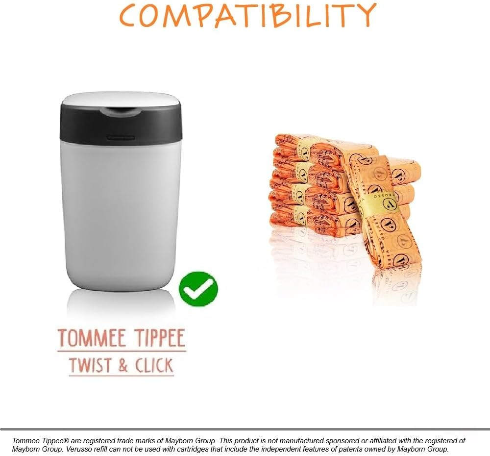 8-Pack Nappy Bin Refill Bags Compatible with Tommee Tippee Twist & Click Cassette, 30% Longer than Others, Recyclable, Odour and Germ Protection, Newborn Baby Diaper Pail Liner