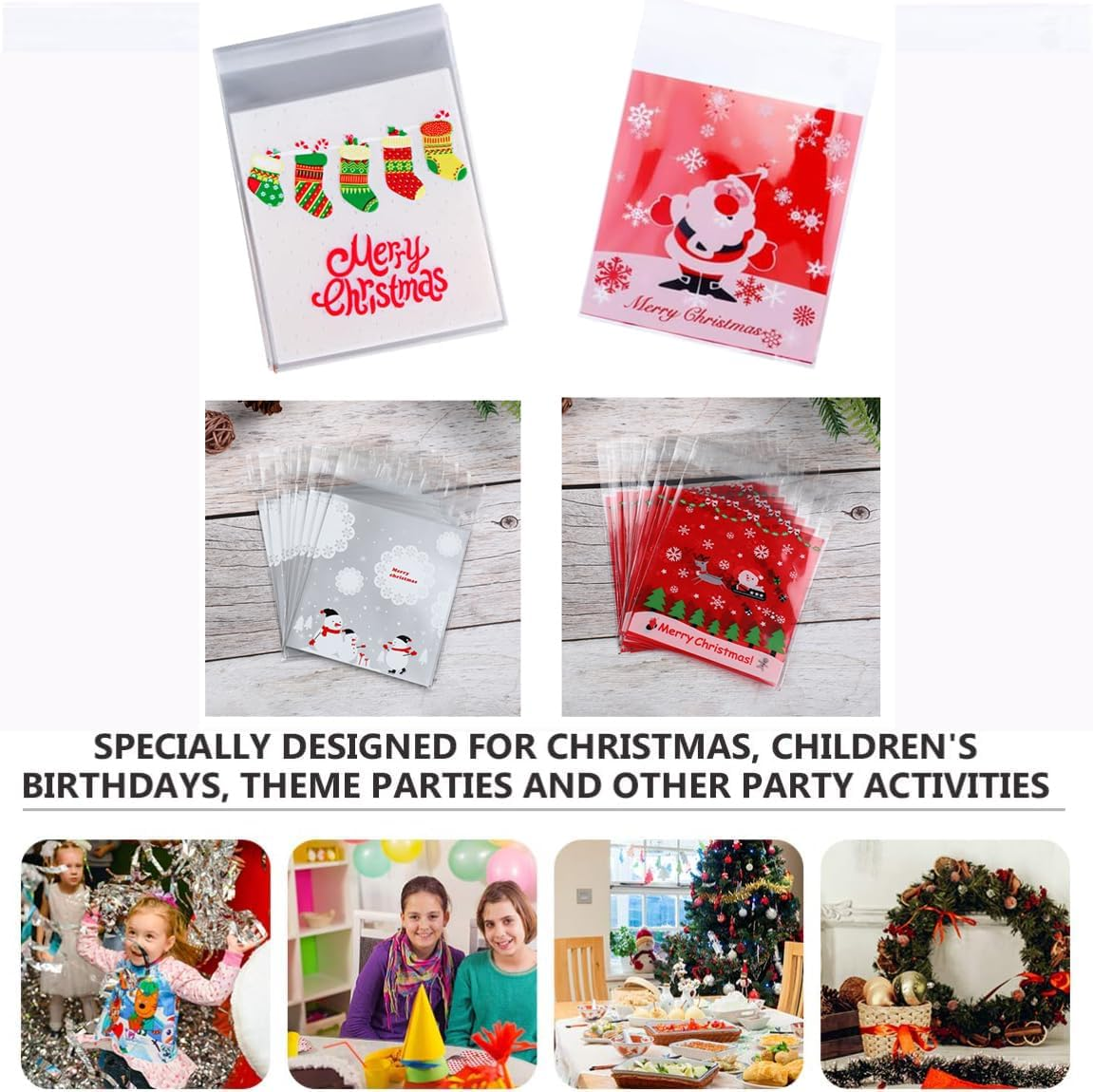 Bluejunior Christmas Cookie Treat Bags Candy Cake Biscuit Self Adhesive Cellophane Transparent Plastic Material Bags for Xmas Wedding Anniversary Holiday Party Favor Sweet Snacks Packaging