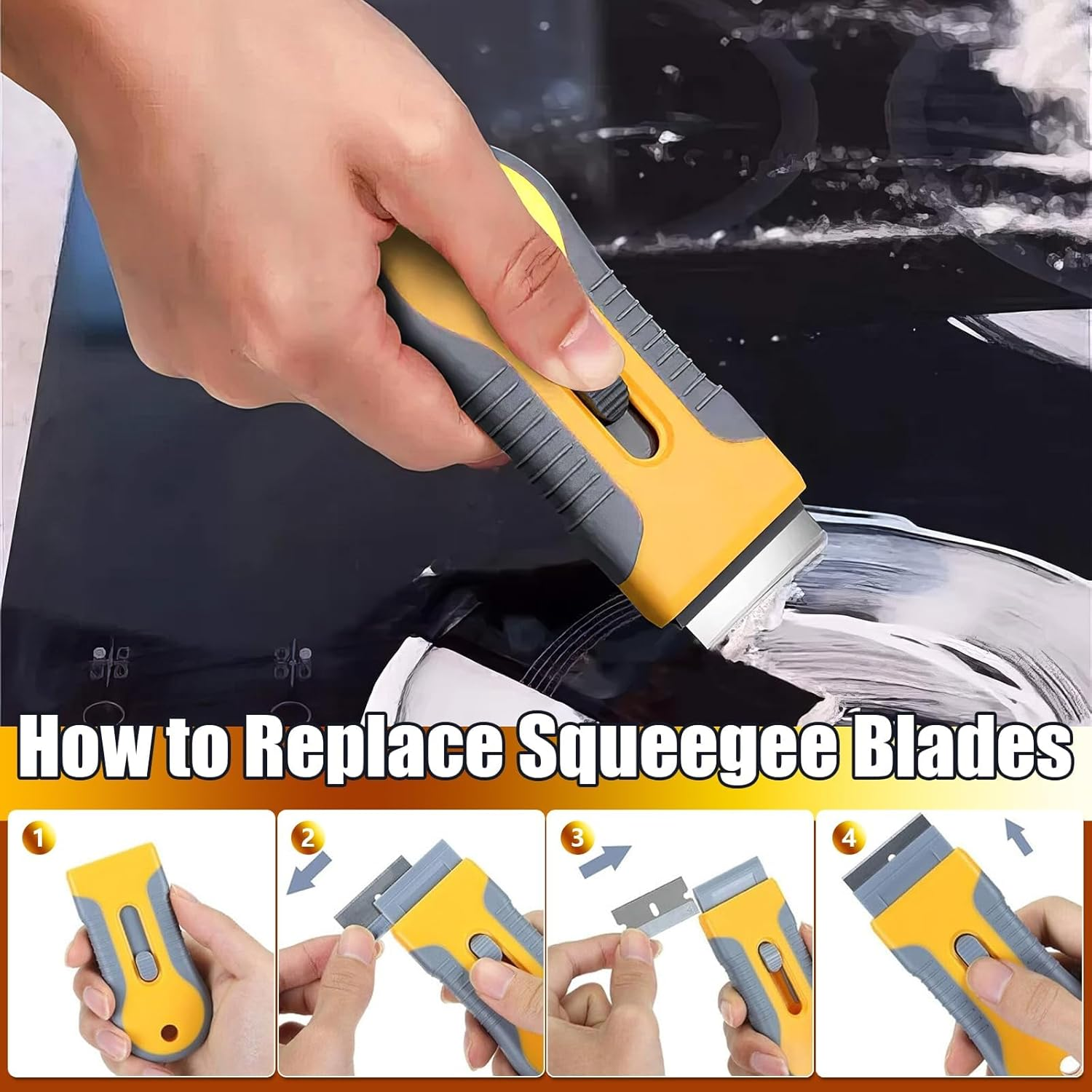 Razor Blade Scraper, Cleaning Razor Scraper for Glass with 15 Pcs Extra Blades, Razor Blade Retractable for Removing Labels, Stickers, Decals, Glue Residue, Paint from Glass (Yellow) image number 5