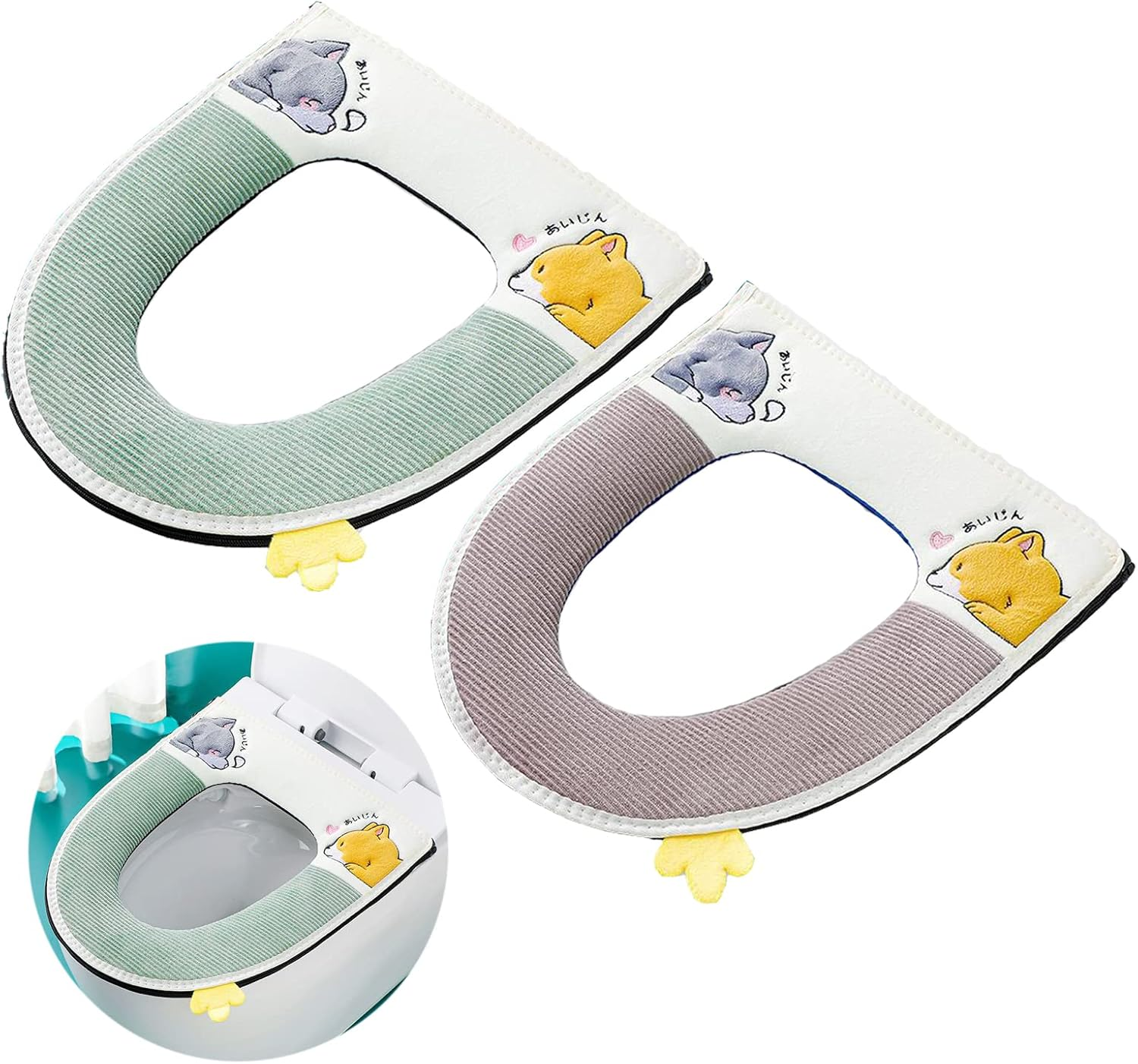2 Pcs Universal Thickened Toilet Seat Cushion Cover Warm Washable and Reusable Soft Toilet Seat Cover Pads with Zipper (Green + Grey)