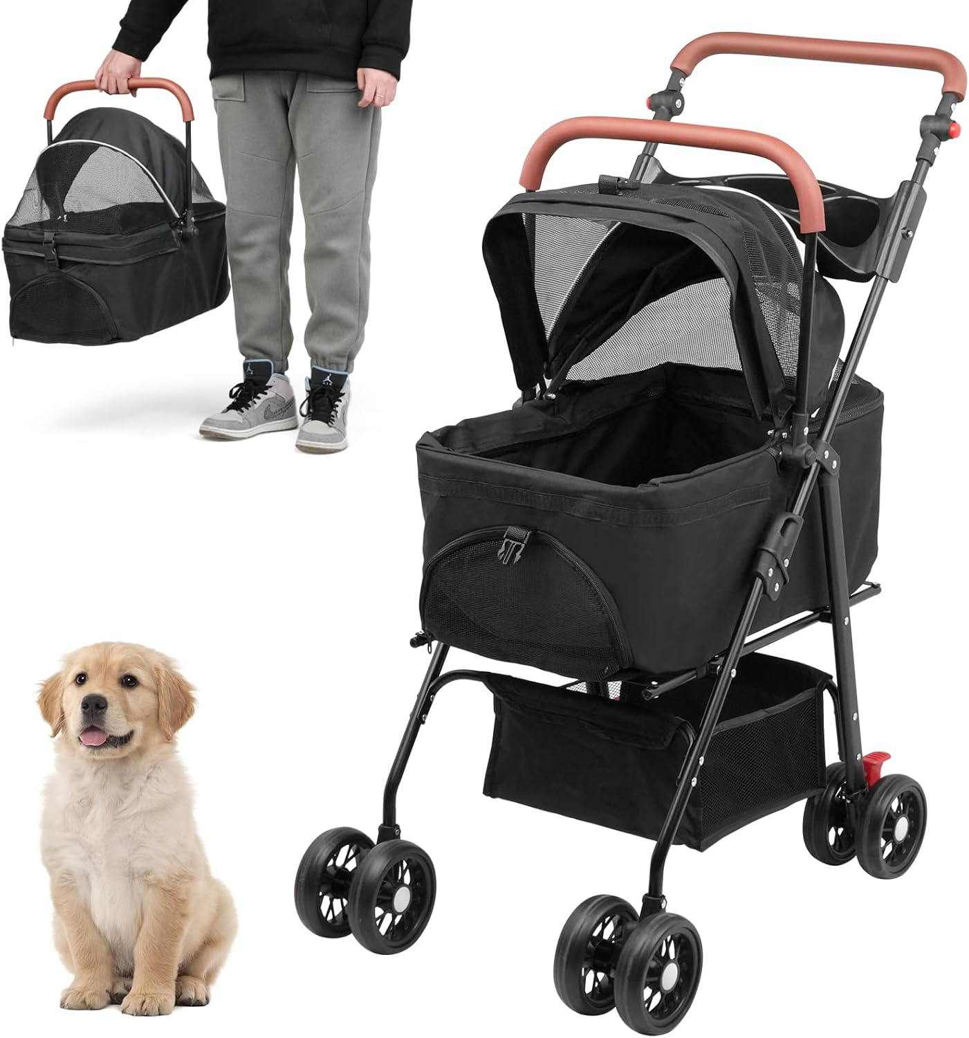 Advwin 3 in 1 Folding Dog Stroller, Pet Stroller for Small/Medium Dogs, Cat Stroller W/Removable Carrier, Car Seat, Sun Shades, Waterproof Small Dog Stroller, All Terrain Pet Stroller image number 5