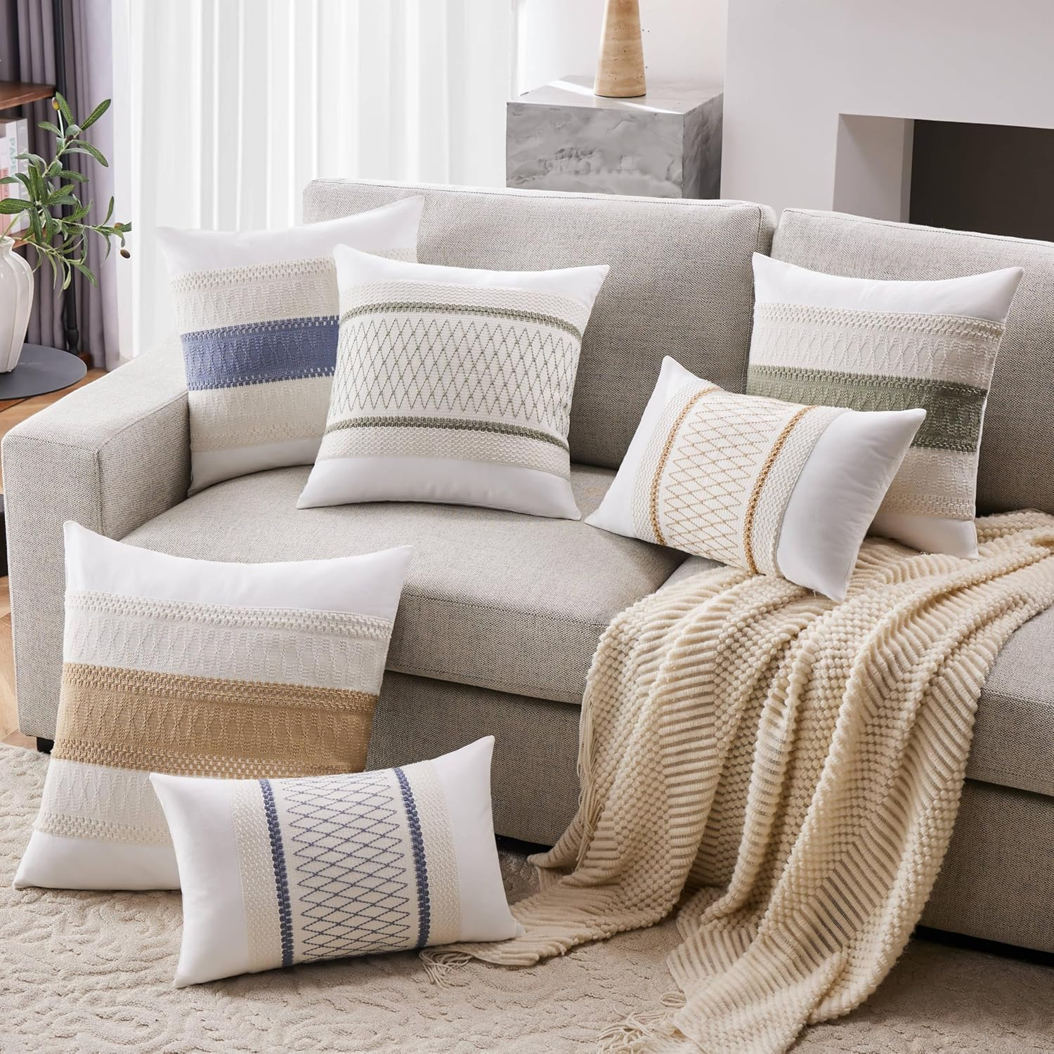 YZJZEDS Soft Cotton Boho Throw Pillow Covers Set of 2, Natural White/Contrast Blue 20X20 Inch, Blue Farmhouse Decorative Cushion Covers for Sofa Bed Living Room Home Decor image number 4