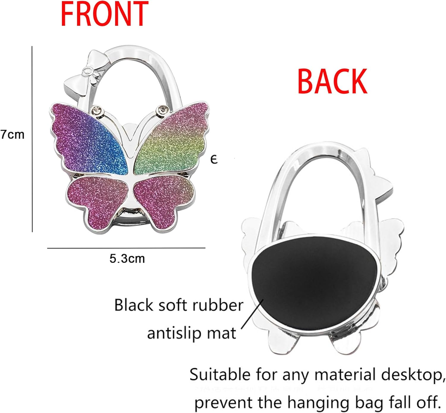 Under Table Top Cute Purse Bag Backpack Travel Hook Women'S Handbag Desk Instant Hanger Foldable Mobile Pocketbook Holder Magnet Portable Decorative Bling Clip Light Restaurant Bar Office Gadget Gift - 1 Silver Butterfly Shaped Hook + 2 Stickers image number 2