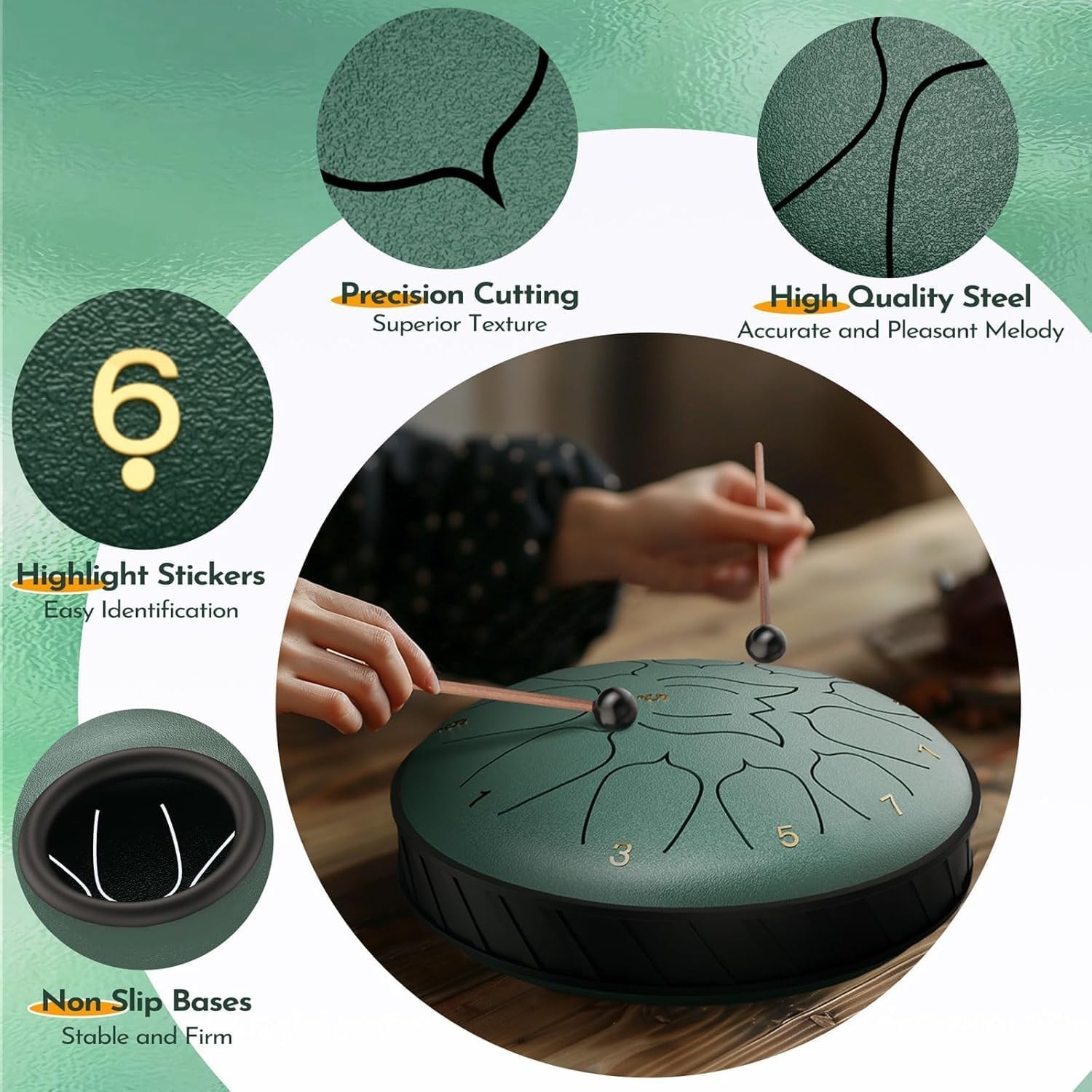 Steel Tongue Drum, Rain Drum with Bag, Handpan Drum Musical Instruments with Music Book, Drums Mallets, Mallet Holder, Finger Picks, Tongue Drum for Adult, Kids, 11 Notes 6 Inches (Deepgreen) image number 2