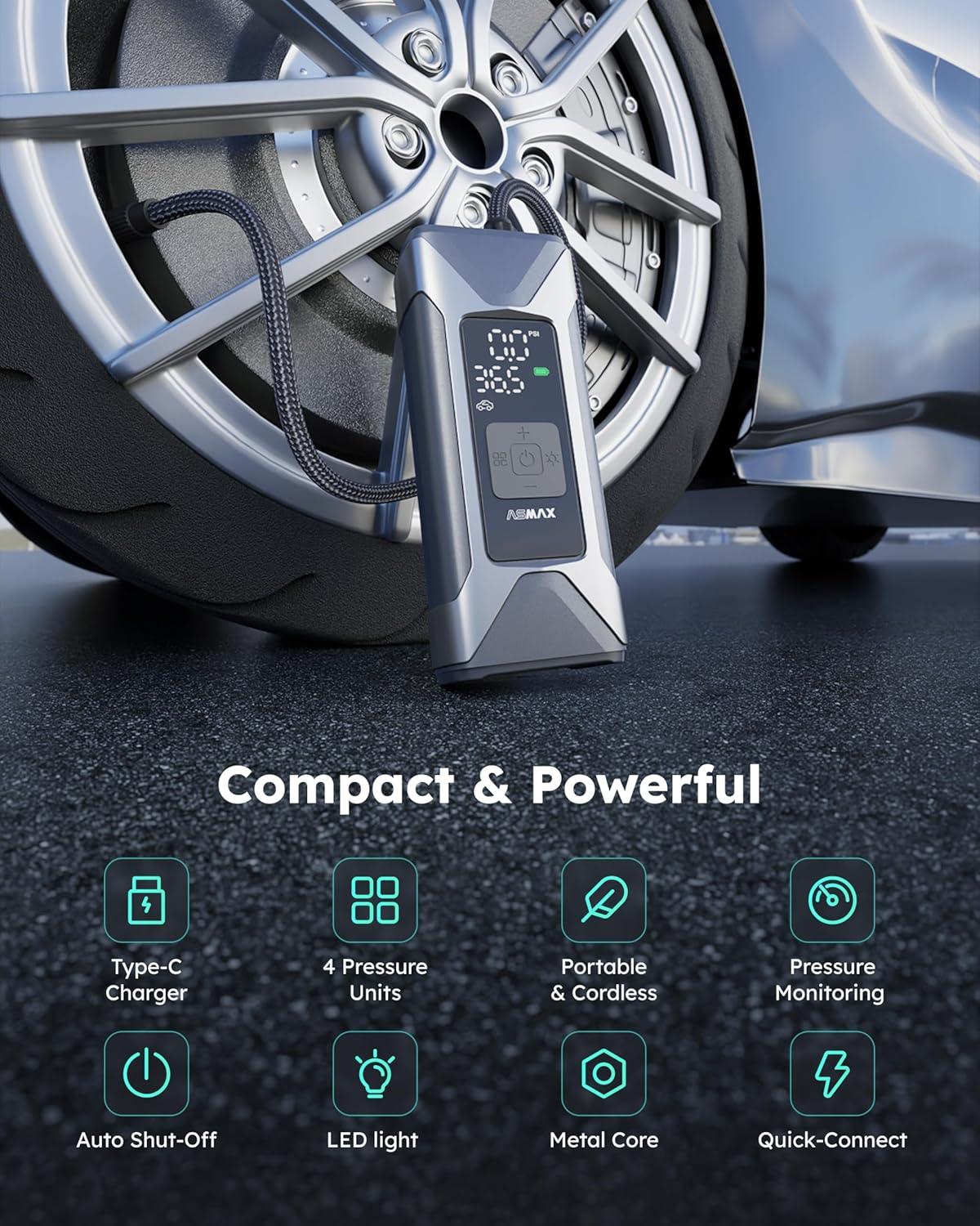 ASMAX Portable Tire Inflator Air Compressor - Fast 7500Mah Rechargeable, Digital Pressure Gauge, One-Click Smart Pump for Car, Motorcycle, Bike, Ball - Emergency LED Light & Power Bank image number 5