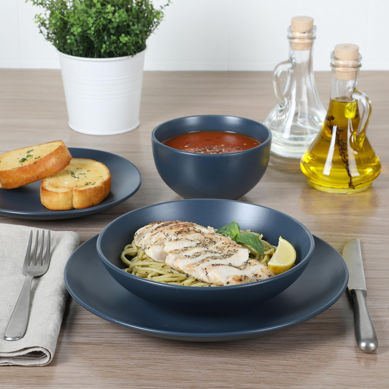 Gibson Home Queenslane 16 Piece Double Bowl Plates and Bowls Dinnerware Sets - Matte Blue image number 4