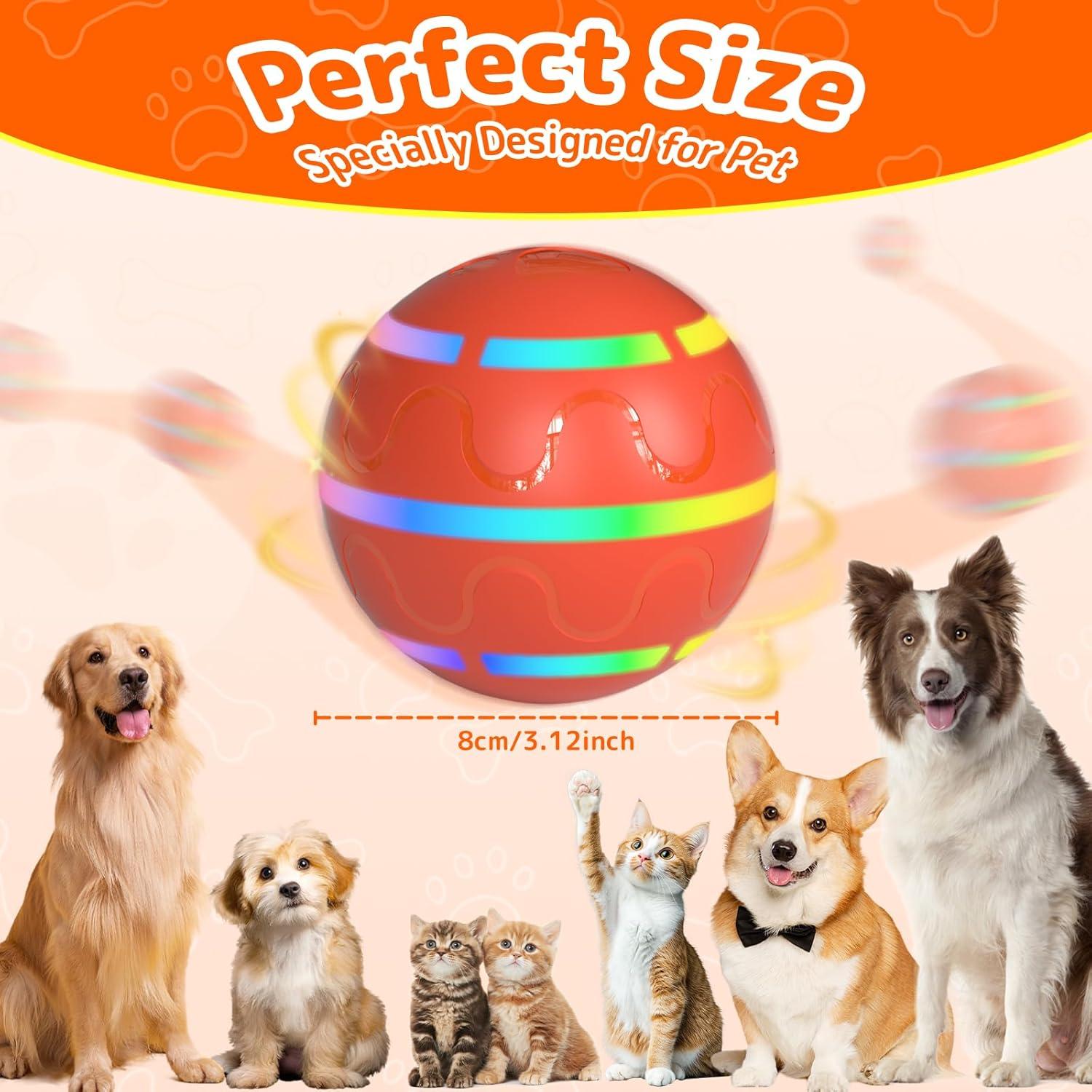 LOVELEDI Interactive Dog Toys - Tough Dog Ball Chew Toy, Automatic Motion Activated Interactive Pet Toys for Small/Medium/Large Dogs for Indoor/Outdoor Boredom Enrichment, USB Rechargeable, Orange image number 3