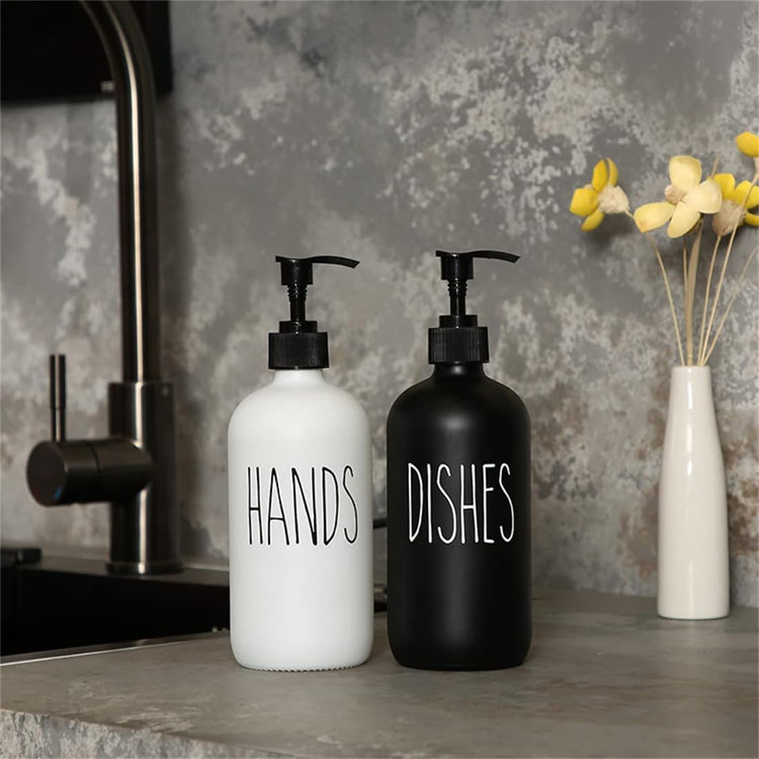 AXIM Glass Soap Dispenser Set,Versatile Lotion Liquid Soap Dish Dispenser,2 PCS 500Ml Shampoo Lotion Hand Soap Dispenser for Kitchen Deco,Bathroom, Countertop (Black+White) image number 1