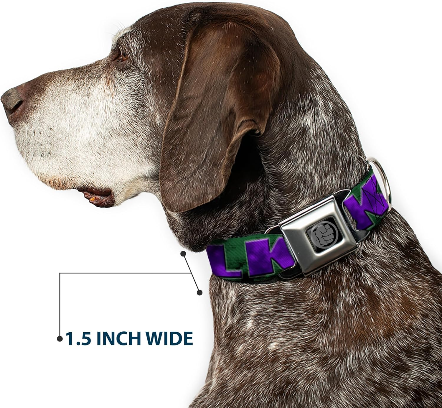 Dog Collar Seatbelt Buckle Hulk Face Close up Action Pose Greens Purples 11 to 17 Inches 1.0 Inch Wide image number 6