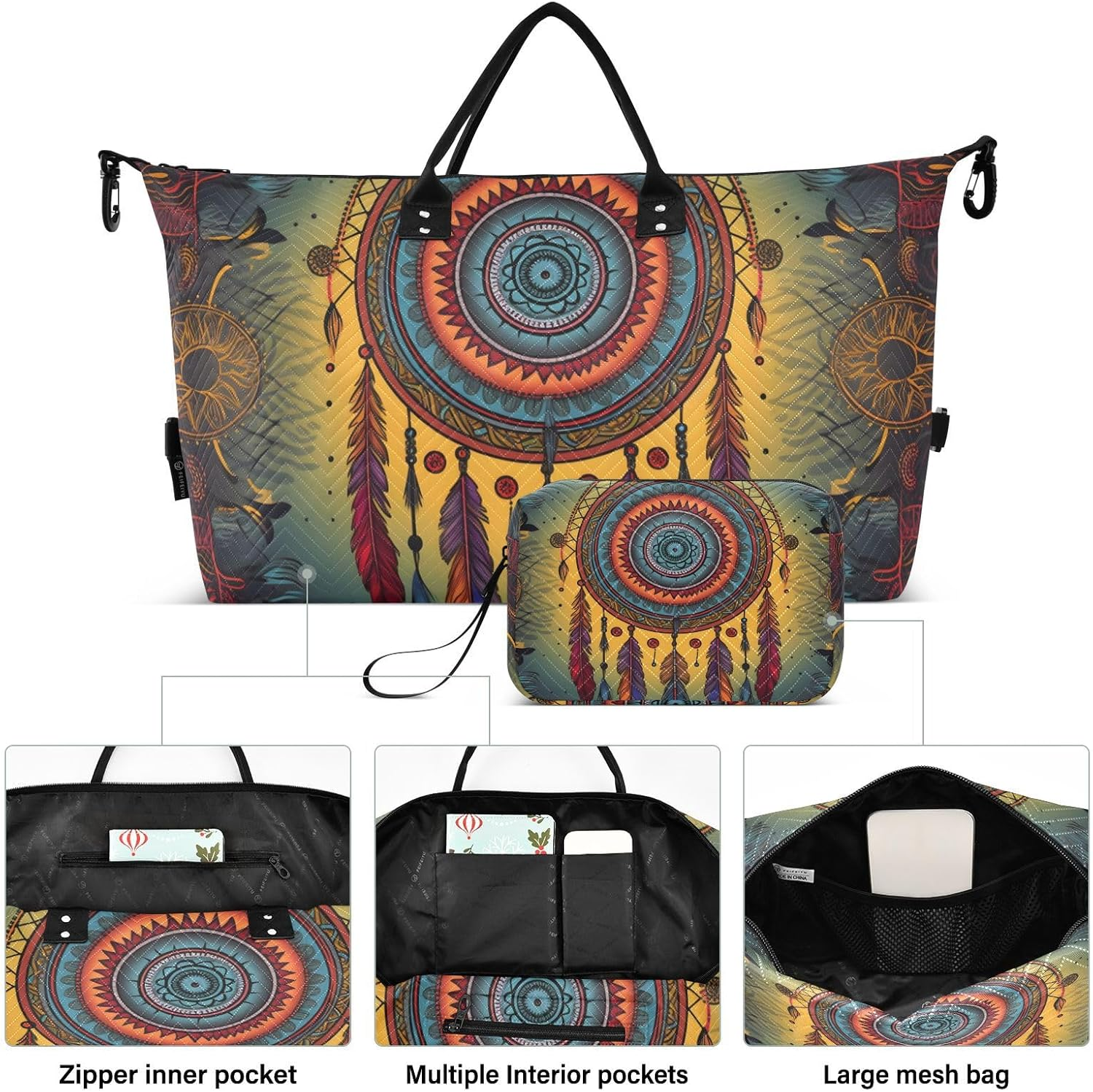 XYMZR Large Travel Duffel Bag, Dreamcatcher Sports Tote Gym Bag, Shoulder Weekender Overnight Bag for Women Men, Carry on Luggage with Toiletry Bags, Multi-Colored, Multi-Colored