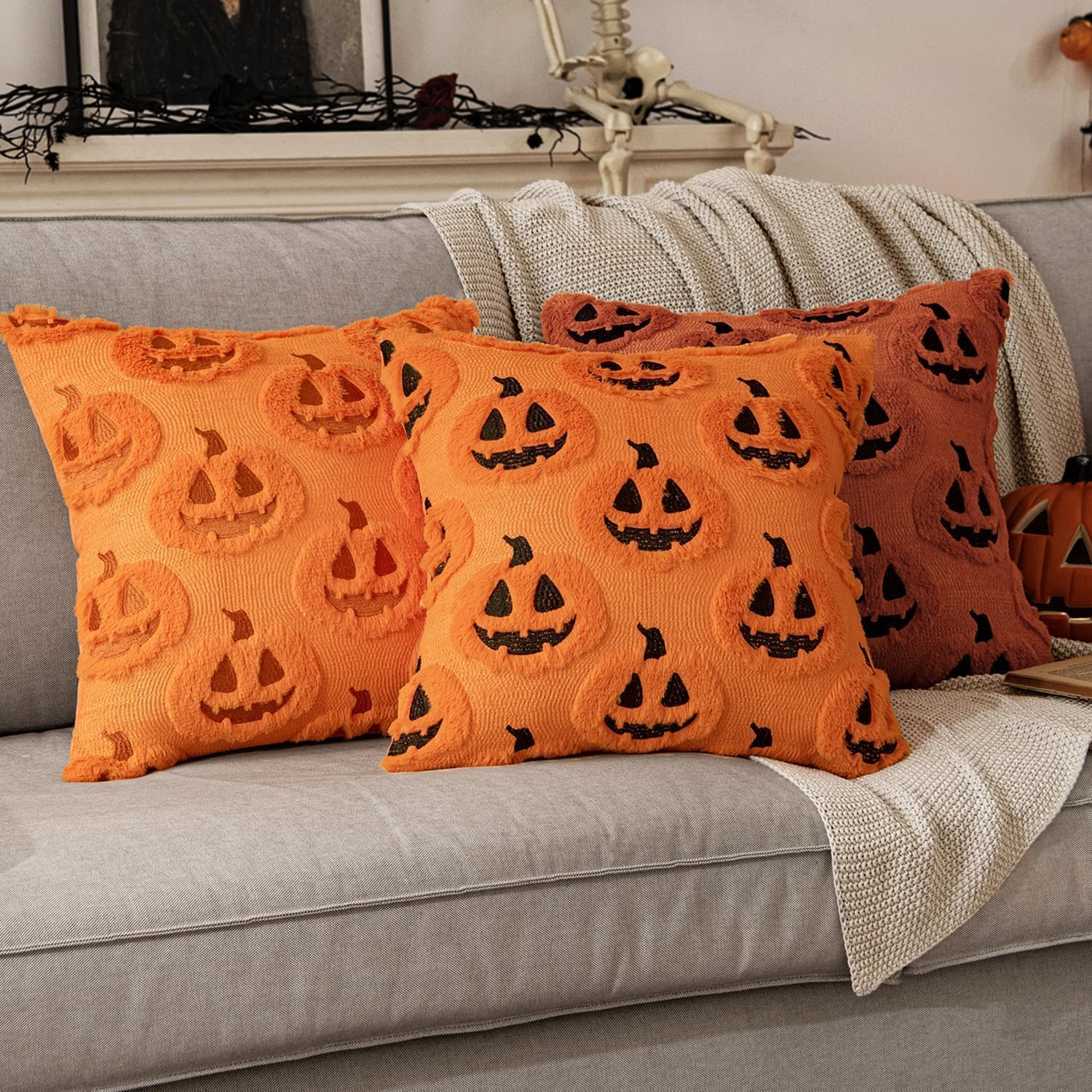 Pillow Covers: 2 Fall Pumpkin Throw Pillow Covers. Soft Plush, Pumpkin-Themed&mdash;Ideal for Autumn, Halloween/Thanksgiving Decor; Fits Home, Patio, Sofa, Couch(17.7&times;17.7In, No Inserts) image number 1