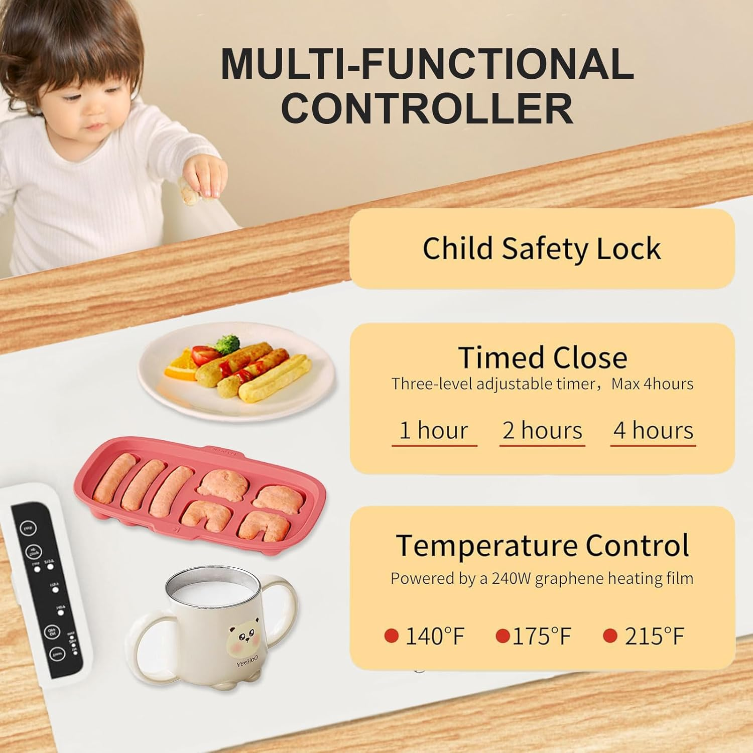 Zurligi Electric Food Warming Mat, with 2 Kitchen Towels, 61X38 Cm Portable & Rollable Silicone Warming Tray, Full Surface Heating, 3 Temperature Settings (60&deg;C/80&deg;C/100&deg;C)- Australian Plug - White image number 2