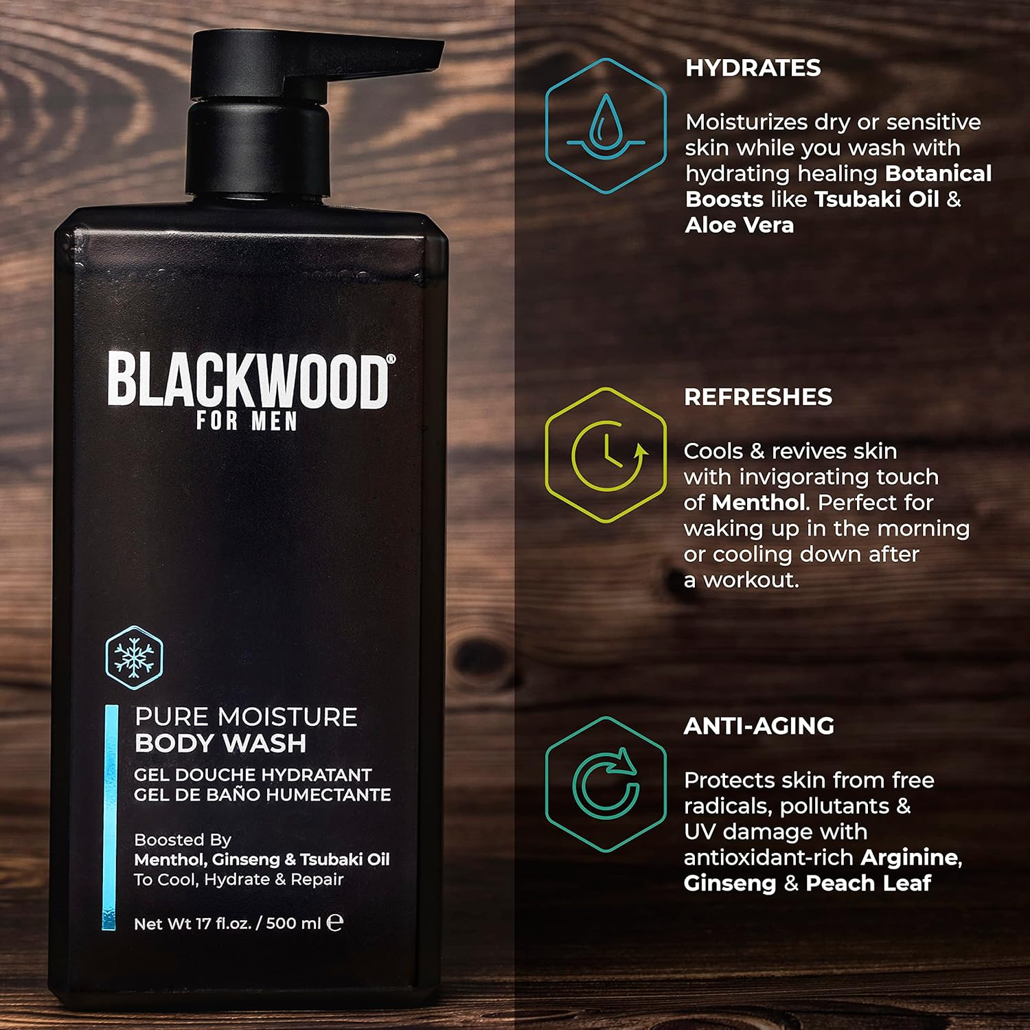 Blackwood for Men Pure Moisture Body Wash - Infused with Ginseng & Menthol - Natural Cleanser for Dry or Sensitive Skin - Ideal for Workout Recovery - Sulfate Free, Dye Free & Vegan (17 Oz) image number 4