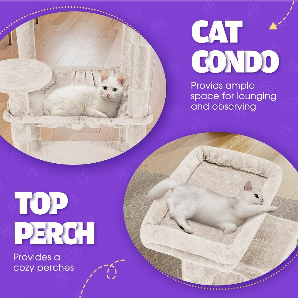Cat Tree Tower, 142CM Multi-Level Cat Tower for Large Cats, Kitten Furniture Activity Center with Cozy Hammock, Condo, and 4 Sisal Scratching Posts, Beige image number 5