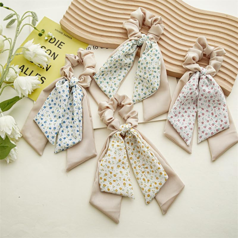 Double Hair Scarf Scrunchies with Ribbon Ties, Bow Scrunchies for Women Girls, Chiffon Floral Scrunchie Short Hair Bows Ties Ponytail Holder (4PCS) (Set 1, One Size)