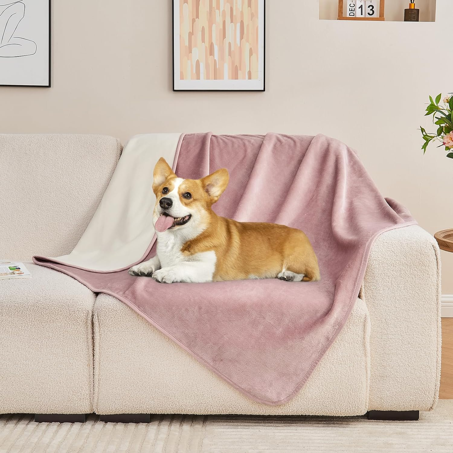 Yaning Waterproof Blanket 80"X90" for Adults, Reversible Waterproof Bed Cover for Dogs Cats Pets, Soft Leakproof Blanket for Bed Couch Sofa Furniture Protector, Dusty Pink/Off White