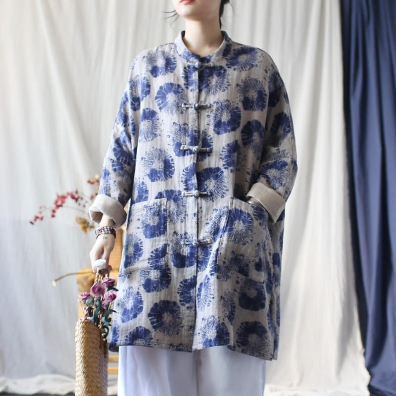 Women'S Vintage Chinese Style Cotton Linen Jacket Long Sleeve Frog Button Coat Loose Fit Tops Blue image number 4
