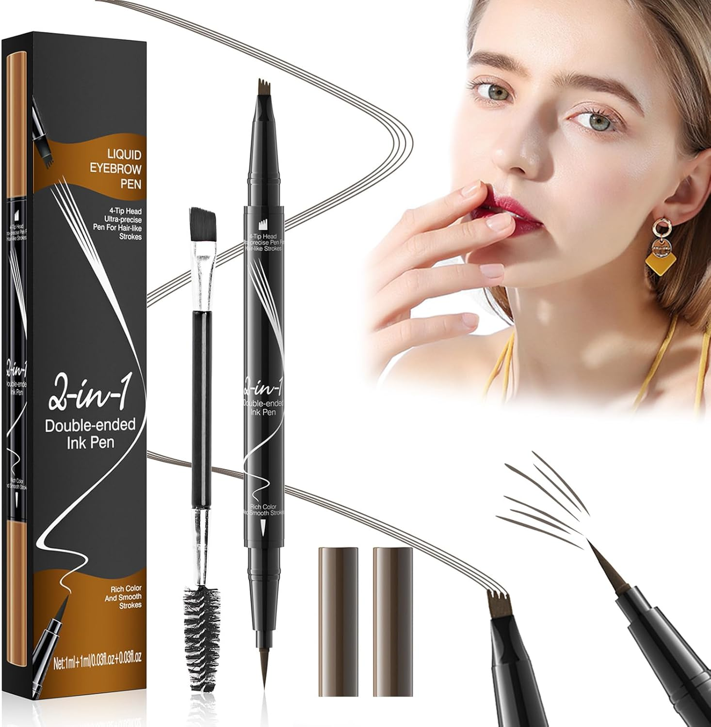 Eyebrow Pencil，Natural Looking Pencil with 4-Fork Tip and Eyeliner Dual Ended 2-In-1 Long Lasting, Waterproof and Smudge Proof (Dark Brown) image number 1