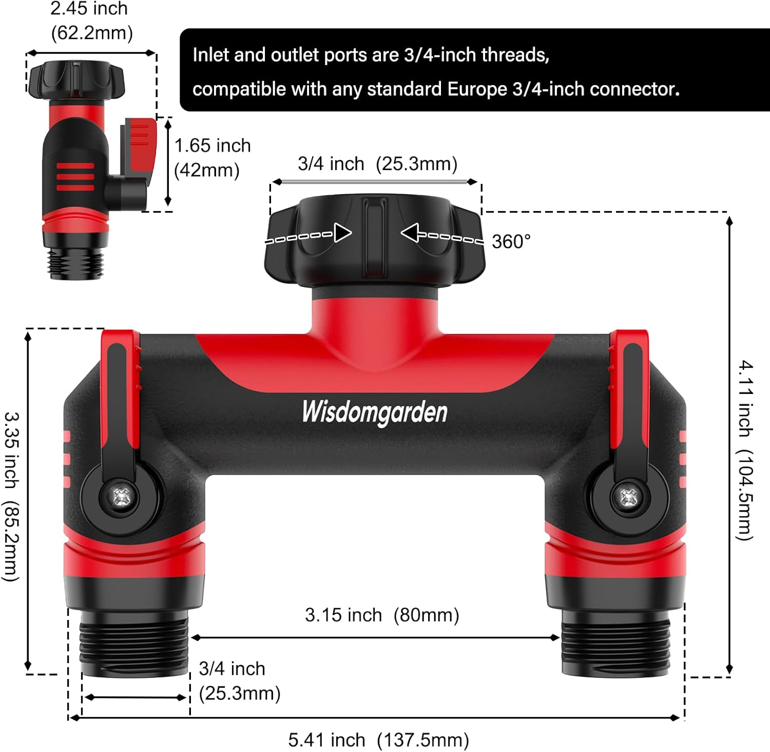 Hose Splitter, 2 Way Faucet Splitter, Connect Two Irrigation Timers Simultaneously-Red