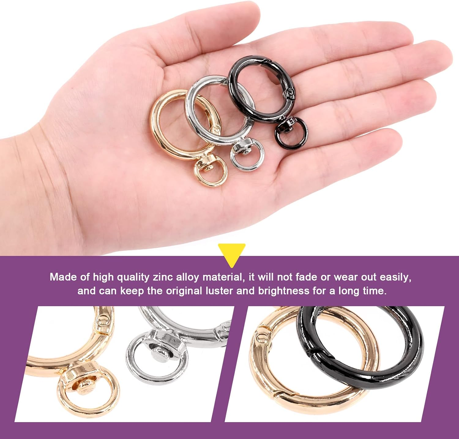 Swpeet 24Pcs 3 Colors 3/4 Inch - 20Mm inside Diameter round Spring Clips O Rings Snap Hooks with Swivel D Rings Buckles Assortment Kit, Hook Bag Clasp Spring Buckle for DIY, Craft Making image number 3