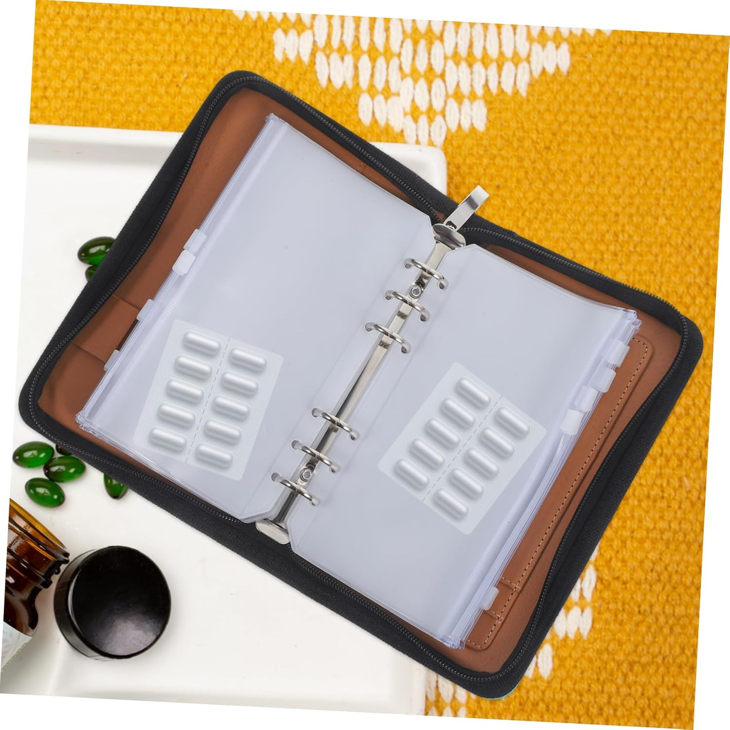 Waterproof Travel Medicine Organizer Pouch, Portable Pu Loose-Leaf Pill Storage Case 8.27 X 5.12 Inch 6 Zipper Pocket Holders, Green Travel Medication Bag for Daily and Trip Use image number 3