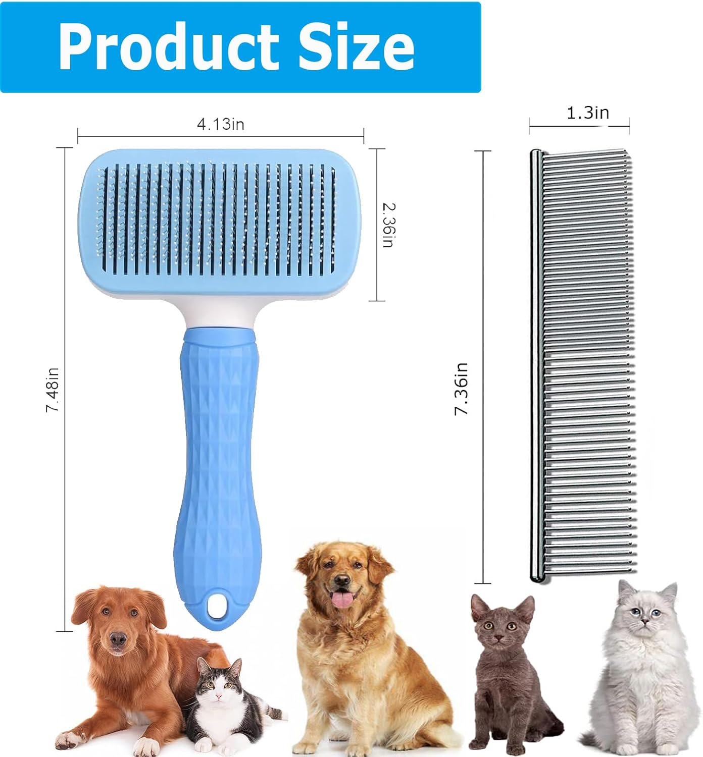 Cat Brush,Dog Brush,Self Cleaning Slicker Cat Brush for Grooming Long Short Haired Dog Cats,Cat Brushes for Indoor with Metal Comb for Removes Mats, Tangles, and Loose Hair(Blue) image number 4