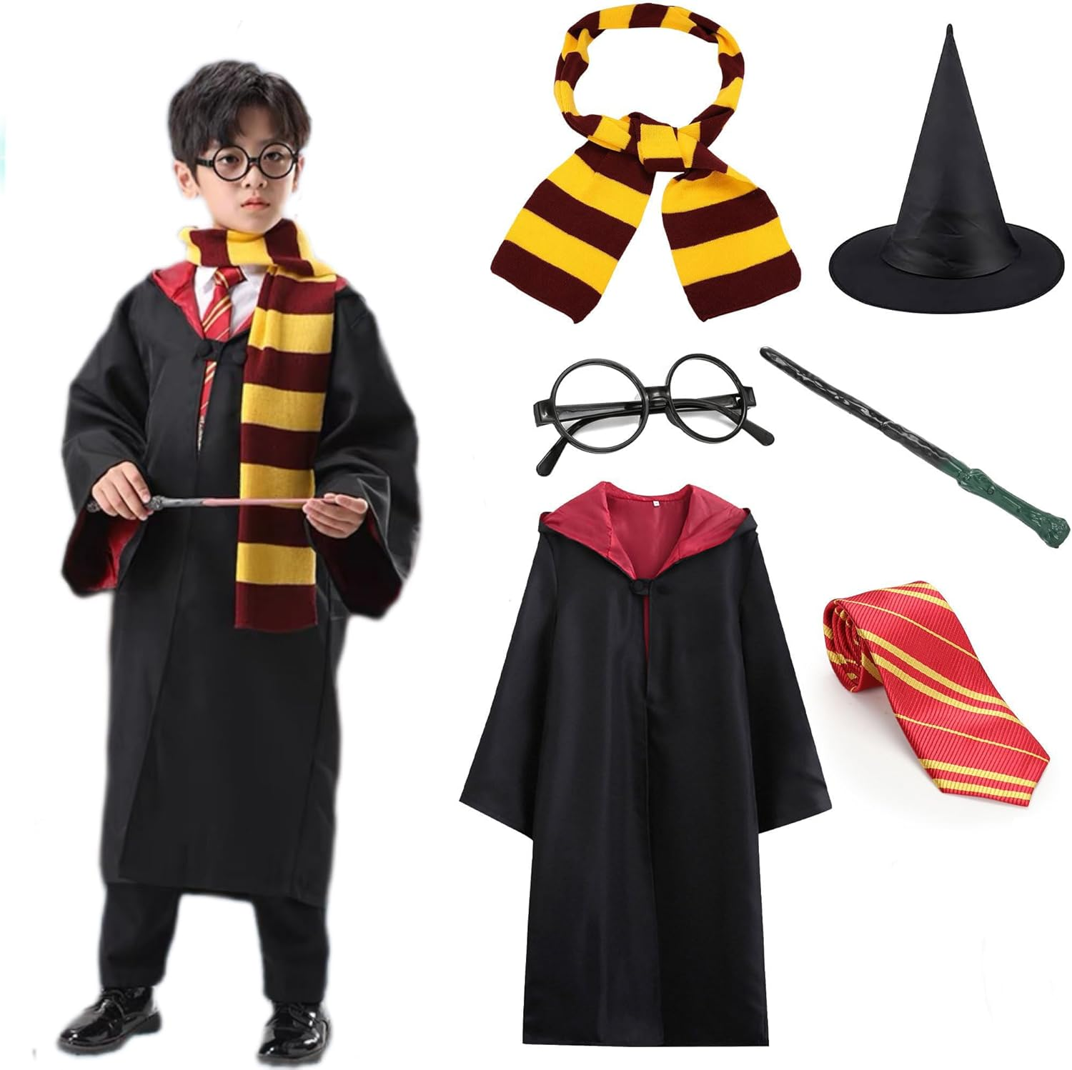 AUTOWT Kids Wizard Cloak Costume Set, 6Pc Magician Robe Outfits with Hooded Cape Hat Wand Scarf Glasses Tie Movie Dress up Accessory Boys Girls School Carnival Halloween Cosplay