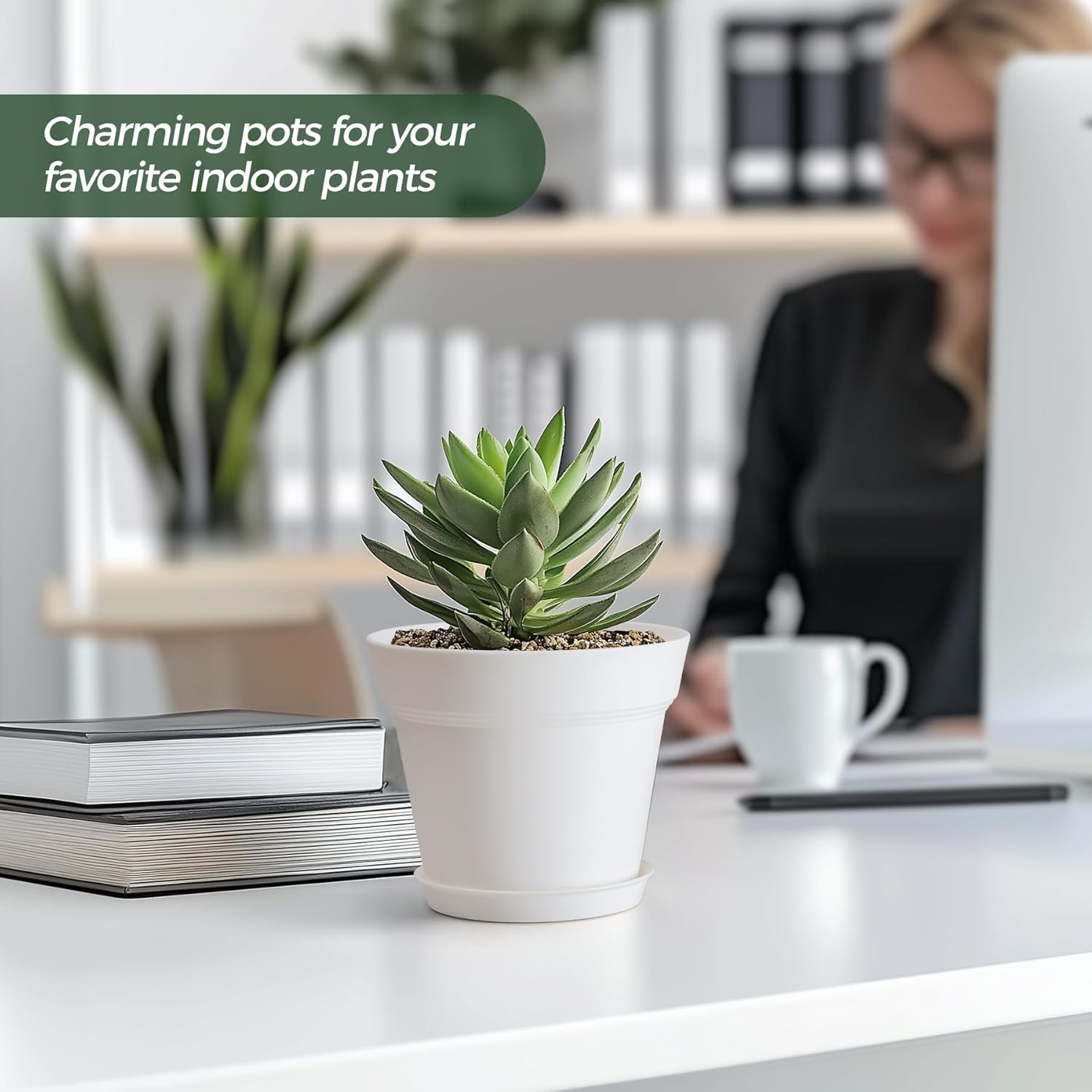 T4U 5 Inch Plastic Planters 18-Pack - Small Plant Pot with Drainage Hole and Saucer, Decorative Nursery Flower Pot Bulk for African Violet, Snake Plant, Aloe and All House Plants Indoor (White) image number 2