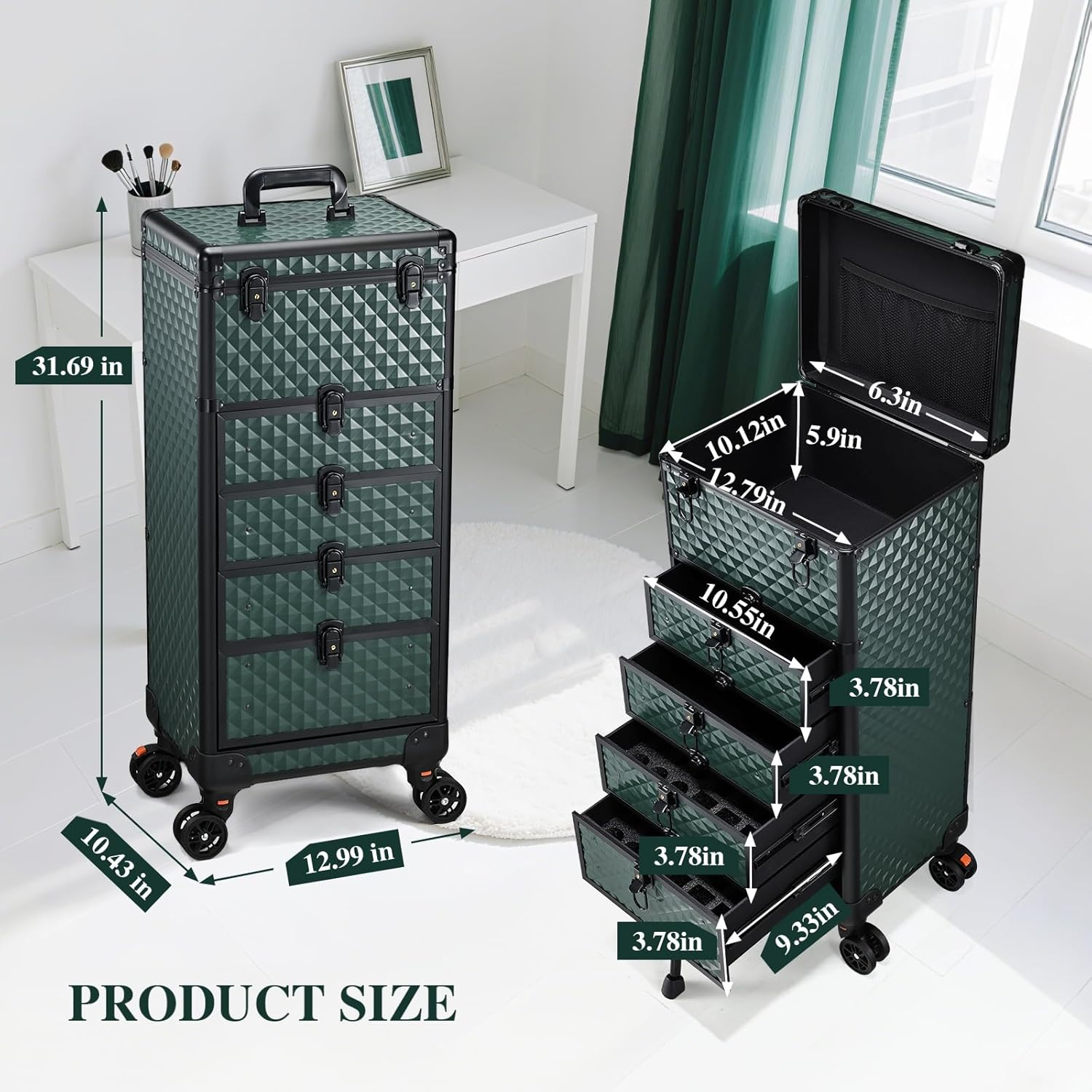 Yueieoun Nail Salon Cart with 4 Drawers,Rolling Makeup Train Case for Beauty,Cosmetology Case on Wheels Trolley Cart,Lockable Organizer Travel Case for Manicure/Face Painting/Hairstylist,Dark GREEN image number 1