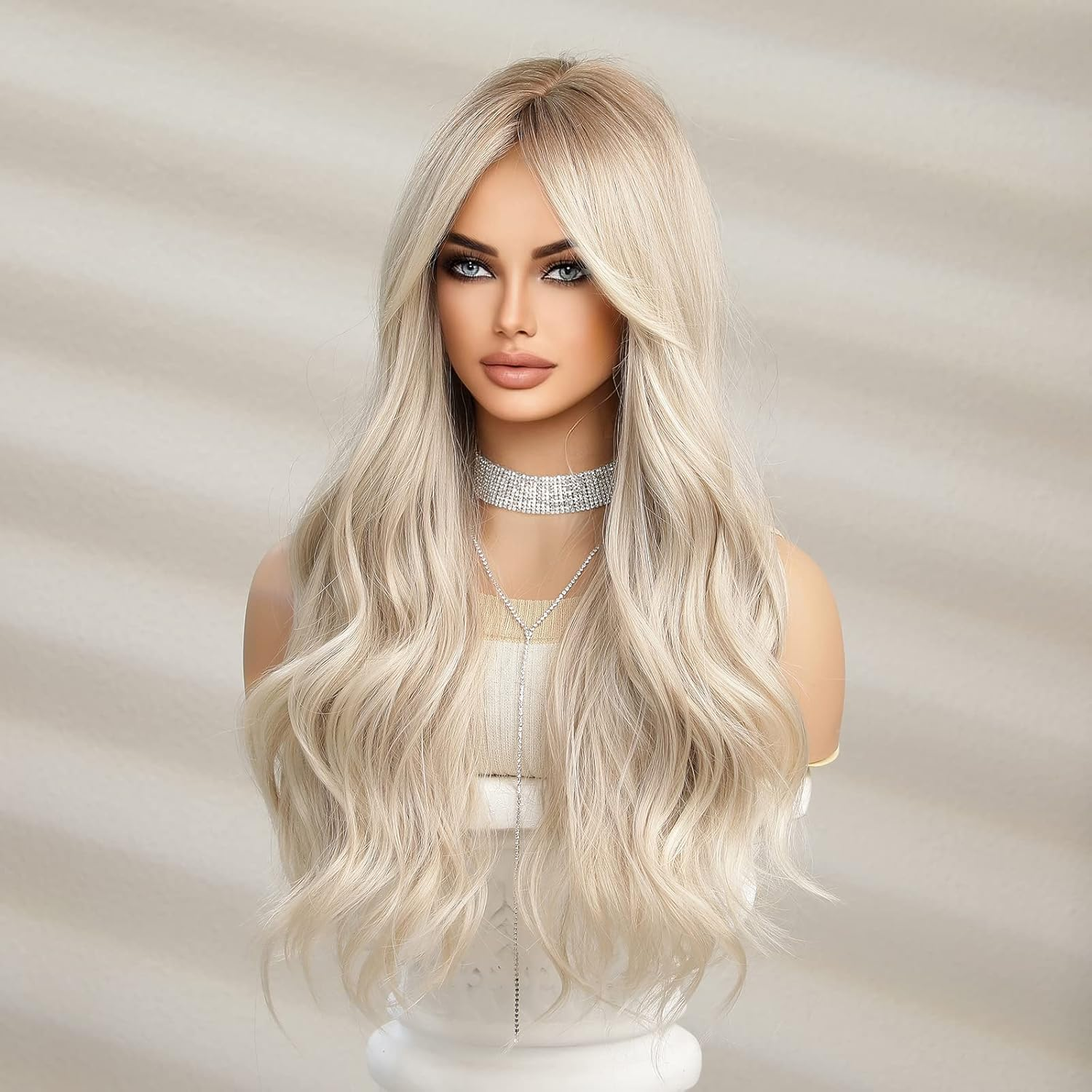 KIELO Long Wavy Synthetic Wig, Light Blonde, 66 Cm, Heat Resistant, Middle Part - Black image number 4