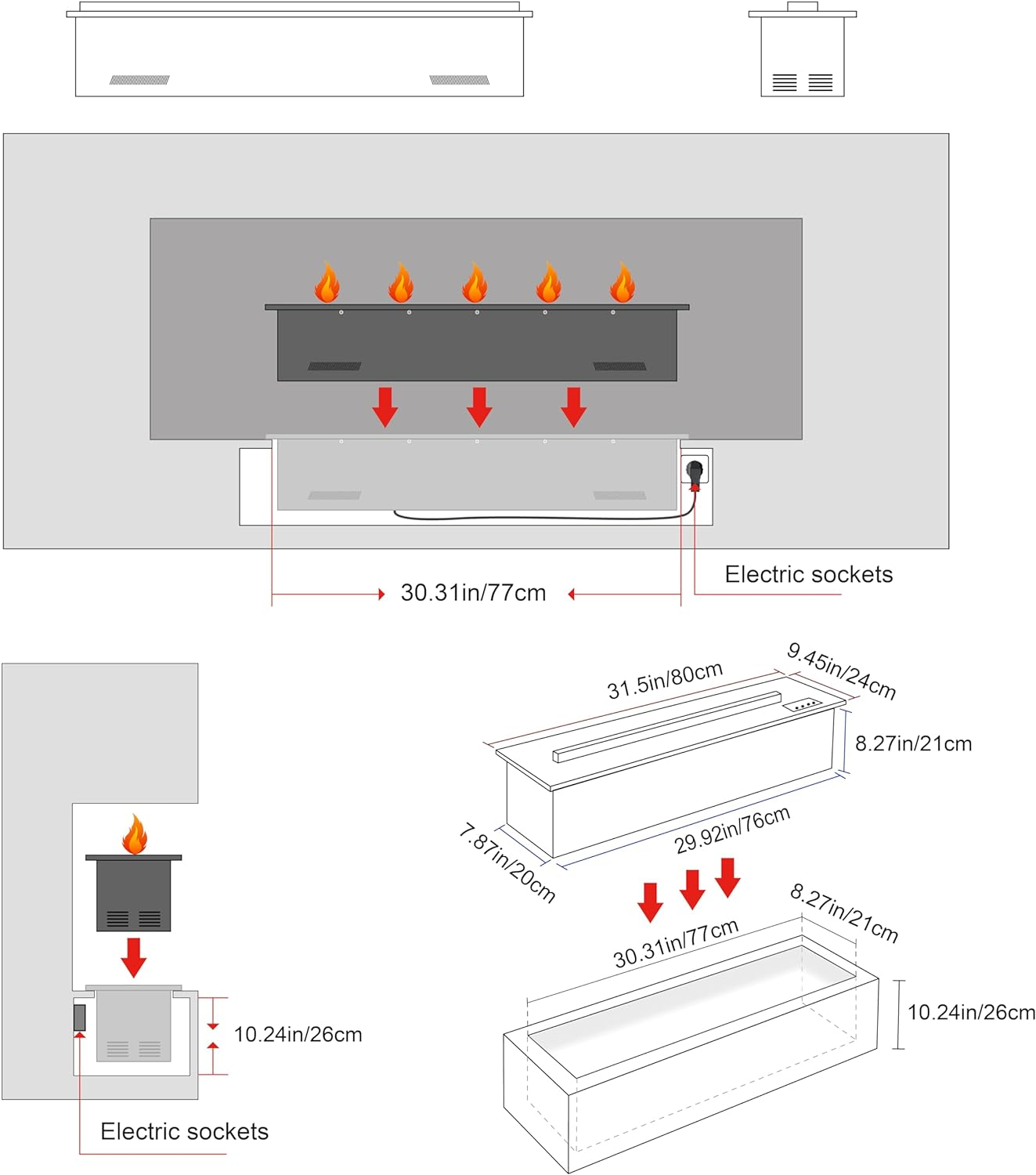 Water Vapor Fireplace Embedded with 3D Atomized Flame Dimmable, Remote Control Electric Steam Fireplace with Water Control, Burning Sound & 5Ft Power Cords, Size: L80 X W20X H21 Cm image number 1