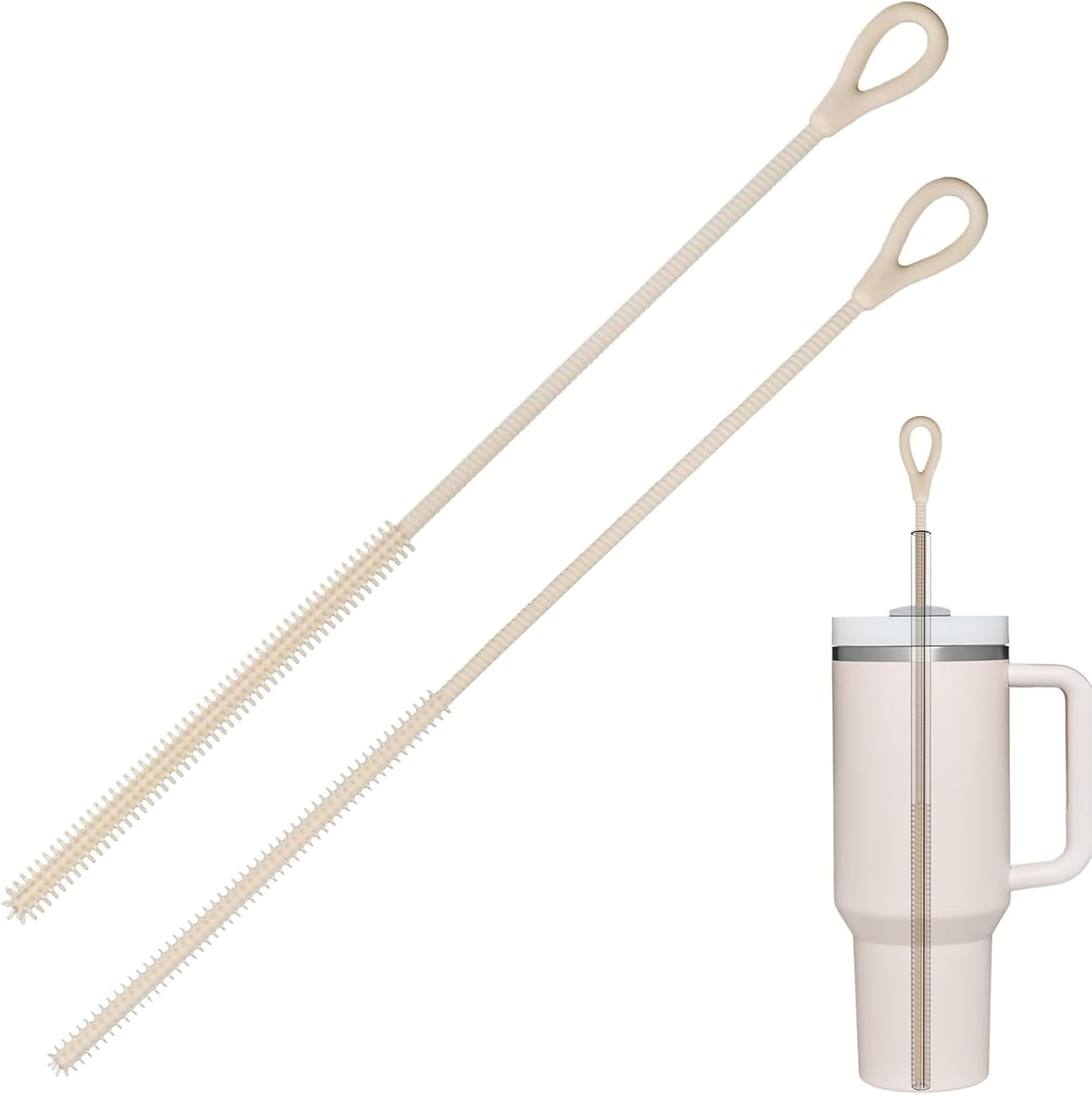 Silicone Straw Cleaner Brush Set - 2PCS Extra Long Reusable Straw Brushes for Glass, Metal & Smoothie Straws - Food Grade Bpa-Free with Non-Slip Handle (6Mm+9Mm, Beige) image number 5