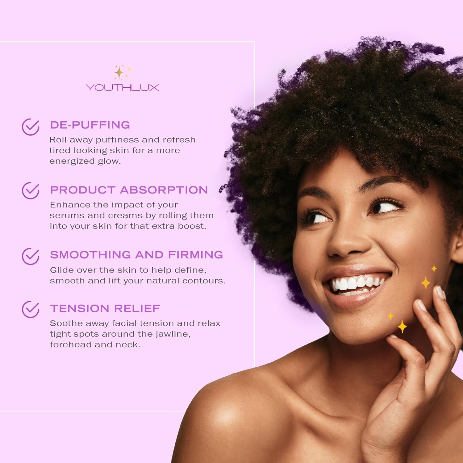 YOUTHLUX Radiance Roller &ndash; Germanium Stone Facial Massage Tool for Lifting, Sculpting, De-Puffing, Glow Boost, Energizing & Cooling Effect (Purple) - Purple image number 3