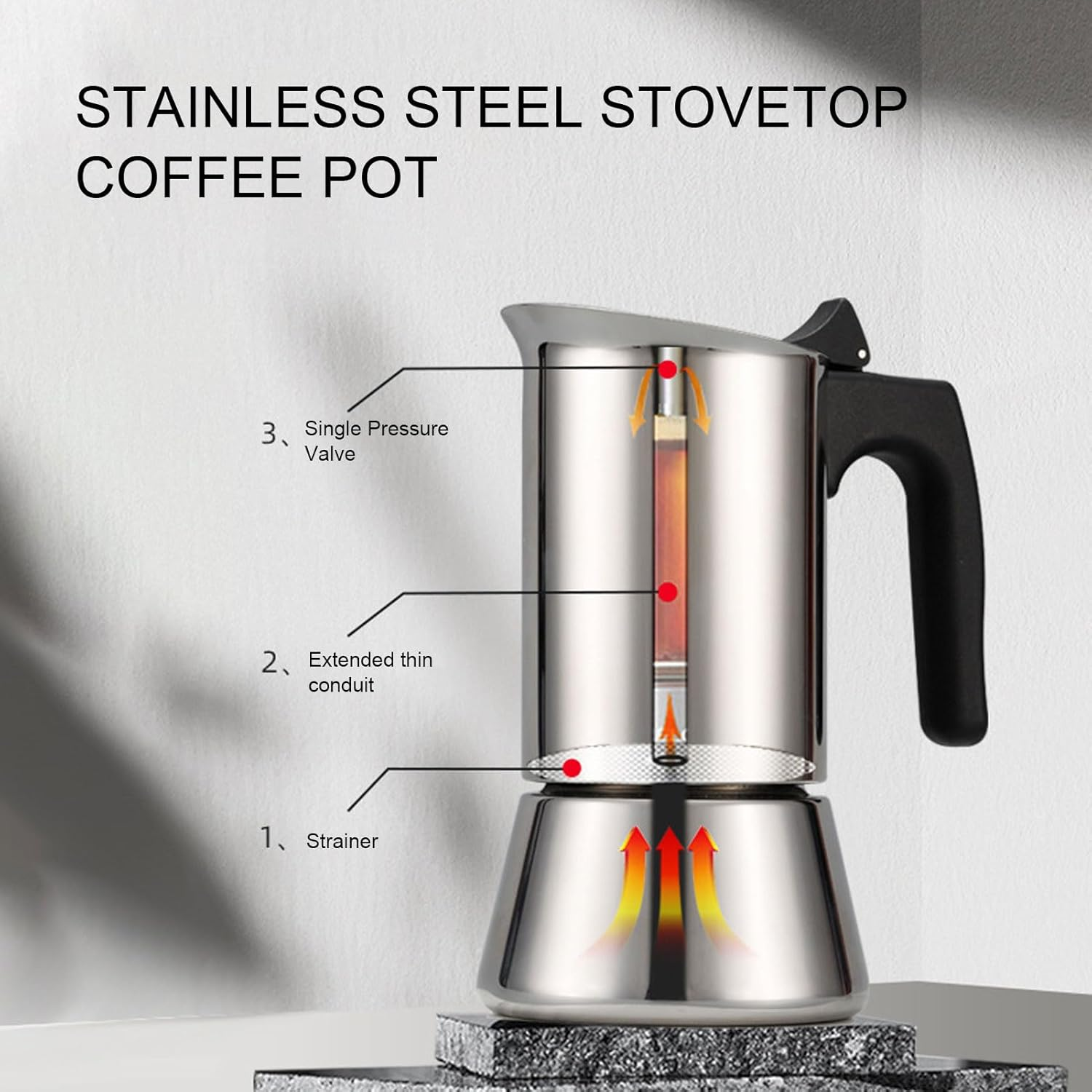 Stainless Steel Moka Pot, Stovetop Coffee Maker with 2 Cups Capacity, Portable Italian Induction Coffee Machine for Home Office Use
