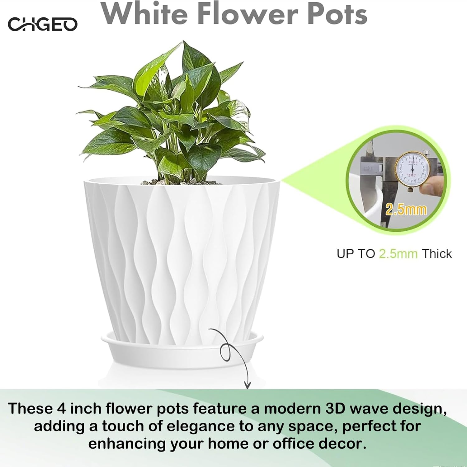 CHGEO Modern Wave Design Plant Pots - 5 Pack Self Watering Planters for Succulents & Herbs | Water Ripple Effect with Drainage Holes & Saucers, Indoor Flower Pots for African Violets, Spider Plants image number 5