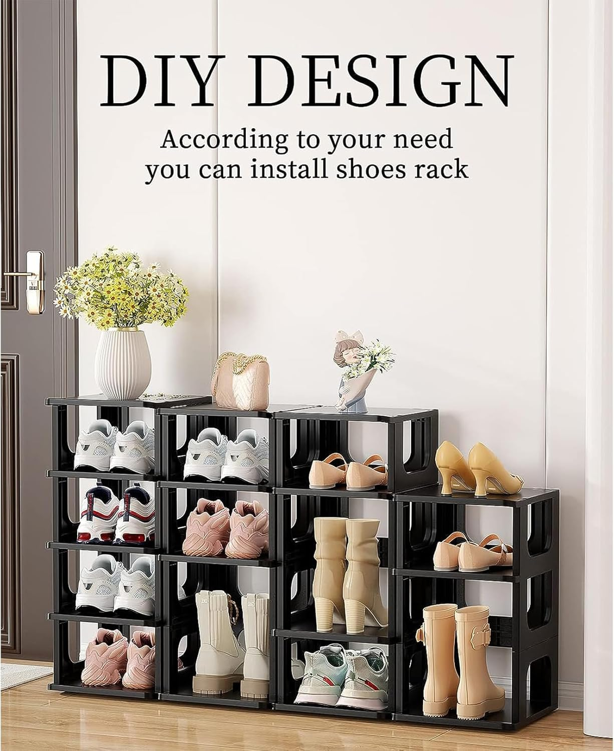 UKKQES 5 Tier Shoe Rack，Shoe Organizer Shoe Rack for Small Spaces Plastic Vertical Narrow Shoe Shelves Closet Black Shoe Holder, Stand for Entryway Shoe Storage Boots Organizer (Cream White-5) - Black-5 image number 6