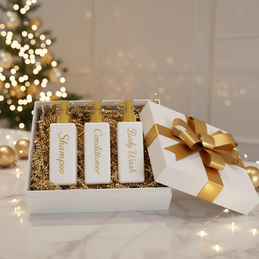 Umadeus Shampoo and Conditioner Dispenser - Essentials Toiletry Bottles - Shower Refillable Shampoo and Body Wash Soap Pump Bottle &ndash; 3X 27Oz Containers - White All Gold 1 Square