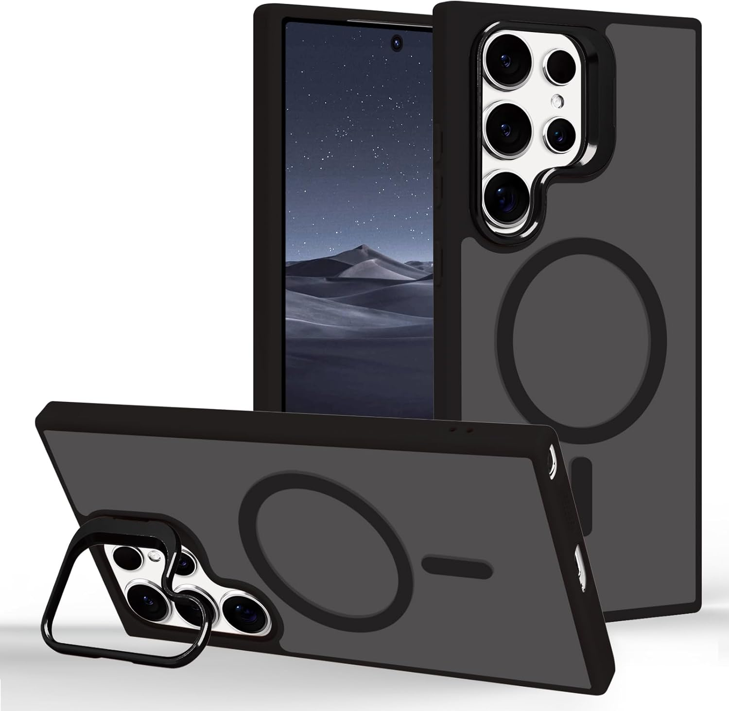 Tcaraersing for Samsung Galaxy S24 Ultra Magnetic Case with Stand [Compatible with Magsafe] Built-In Camera Ring Holder Stash Kickstand Slim Matte Frosted Cover Anti-Fingerprint, Translucent Purple