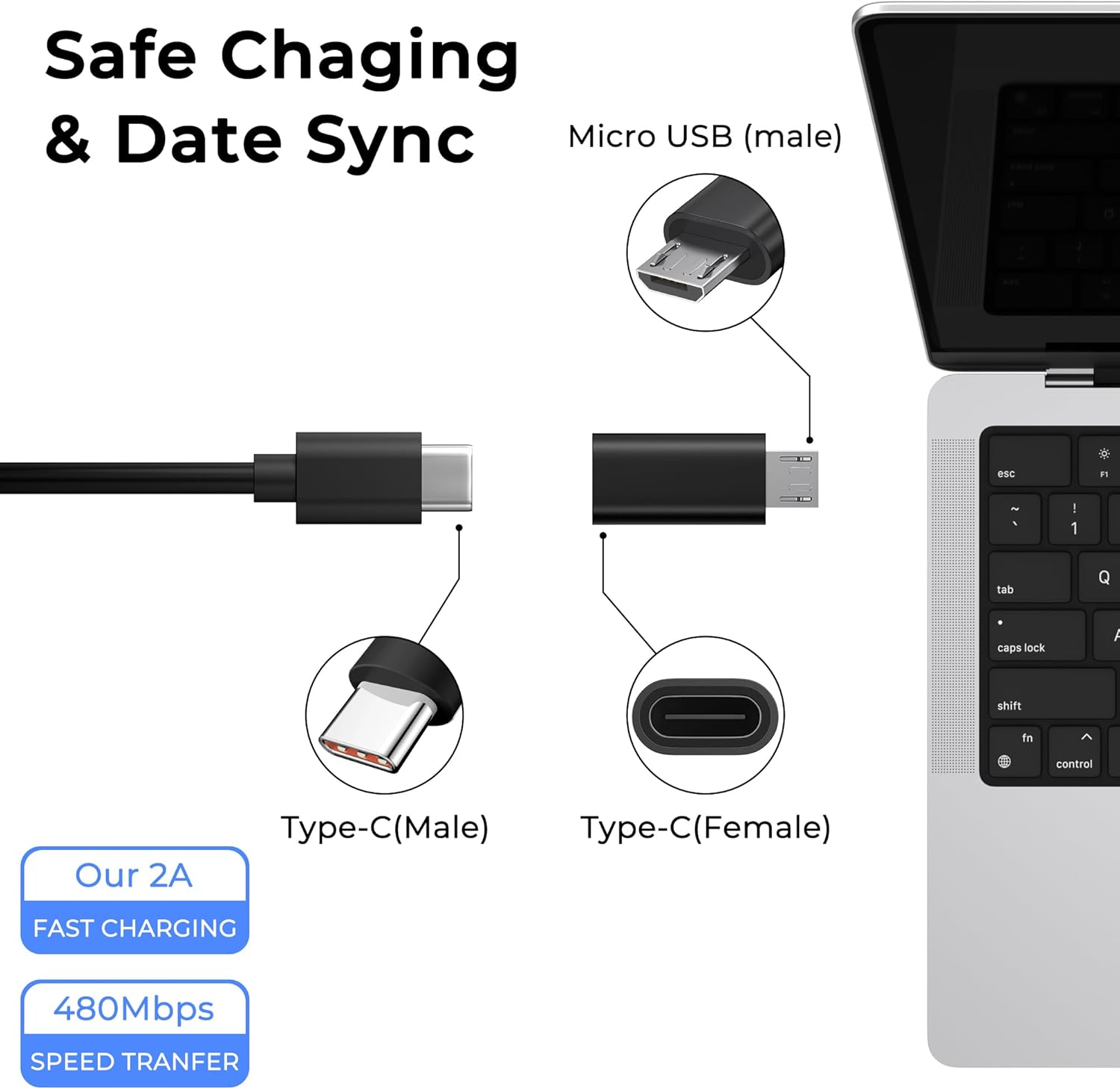 Micro USB to USB C Adapter 2 Pack Type C Female to Micro B Male Converter QC 3.0 Data Transfer Compatible with PS4 Xbox Game Controller Spaker Driving Recorder Huawei Play Galaxy S7 image number 1