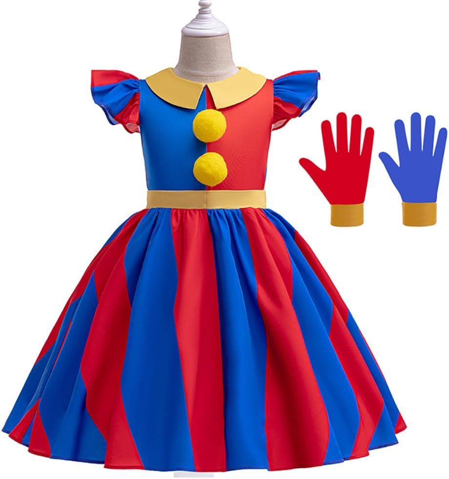 FYMNSI Kids Girls Halloween Costumes Circus Clown Cosplay Dress up Red Blue Striped Dress and Gloves Birthday Party Supplies image number 1