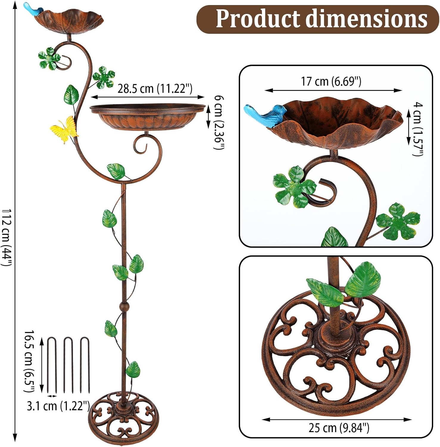 STAVAN 44" Cast Iron 2-In-1 Bird Bath & Feeder for Outdoors &ndash; Heavy Duty Vintage Pedestal with Floral Design, Stable Rust-Resistant Base, Elegant Garden Patio D&eacute;cor image number 3