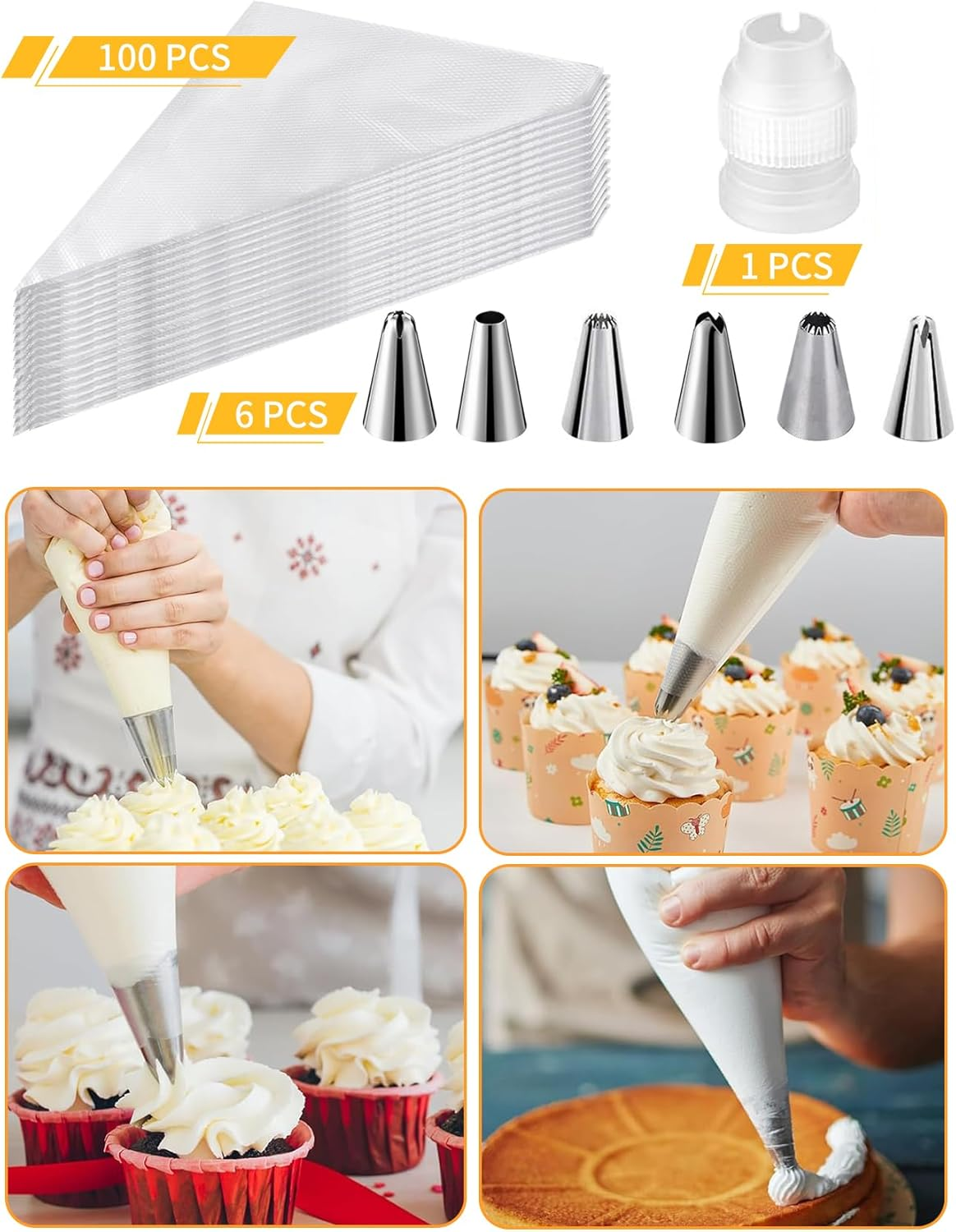 Piping Bags and Tips Set, Cake Decorating Kit Supplies with 100Pcs 12 Inch Pastry Piping Bags 1 Standard Couplers 6 Piping Tips, Pastry Decor Tools for Cupcakes Fit Professional Baking Lover image number 3