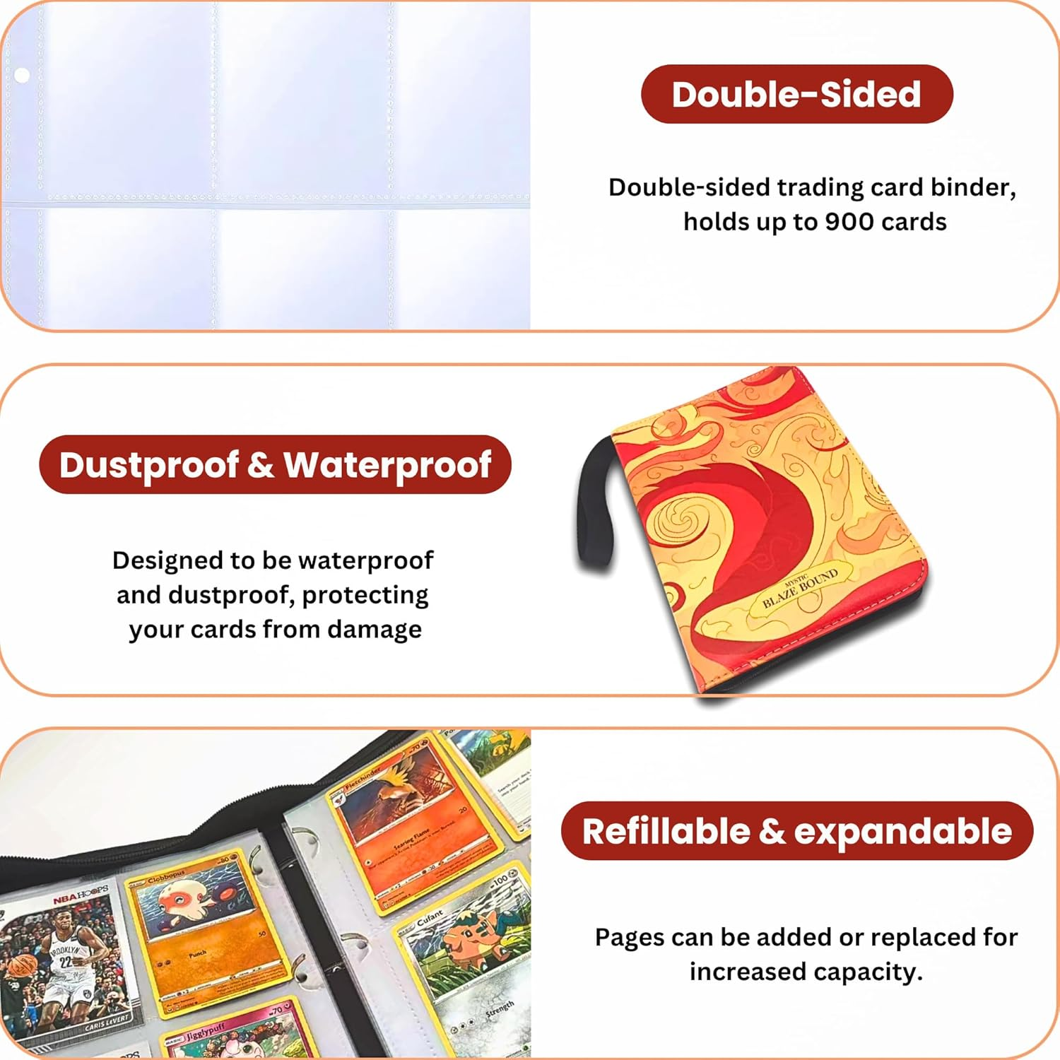 Trading Card Binder 900 Pockets 9-Pocket for TCG, Sports, Yu-Gi-Oh, Magic the Gathering Cards, Portable and Durable Card Collector Storage (9-Pocket) image number 3