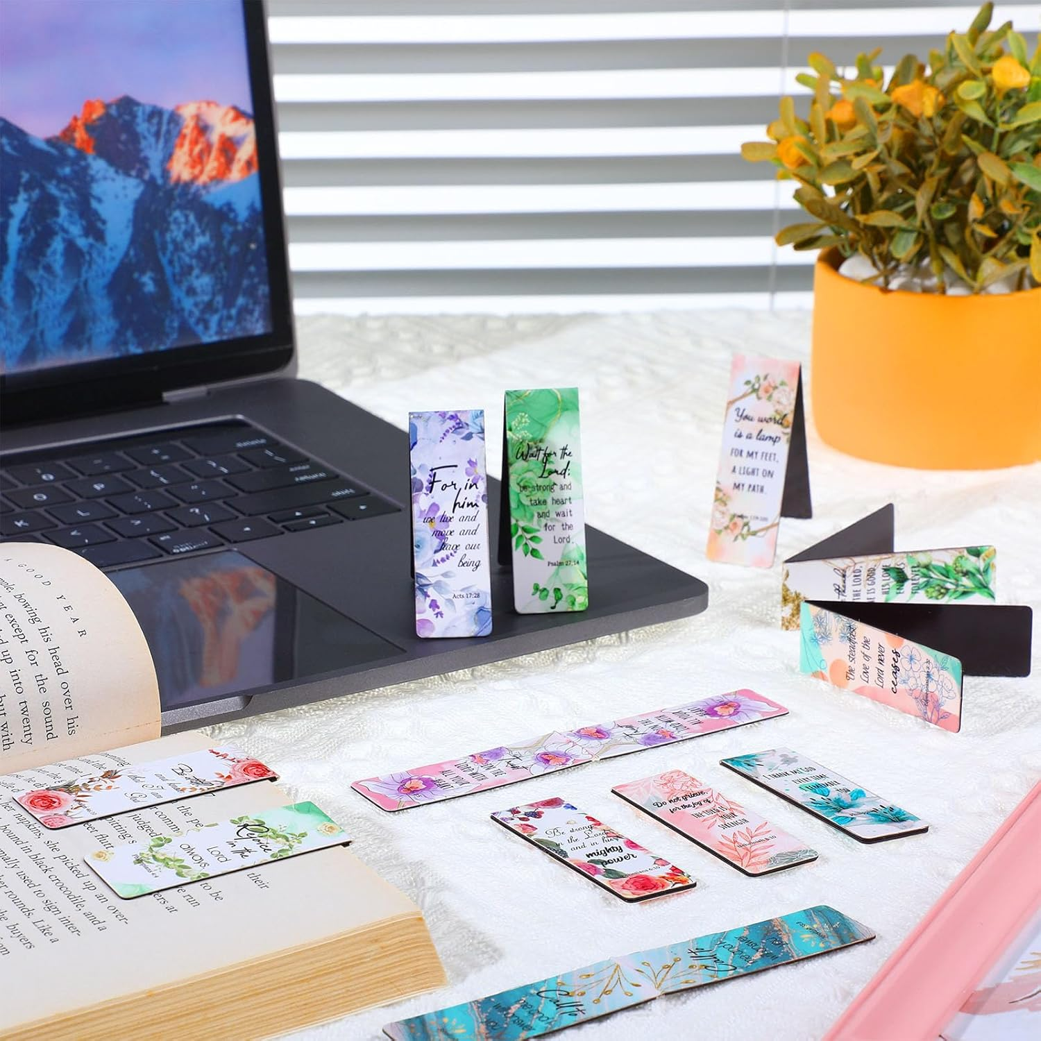Zonon 48 Pcs Bible Verse Magnetic Bookmarks, Inspirational Scripture Christian Book Markers Religious Motivational Encouragement Flower Page Clips Presents for School Supplies(Stylish Style)