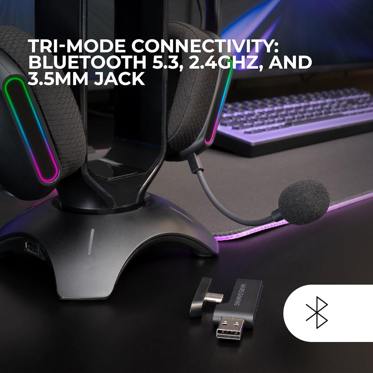 MARSGAMING MHW-PRO Wireless Gaming Headset ARGB Flow, 3D Surround Sound 7.1, Bluetooth 5.3 + 2.4Ghz + 3.5 Mm Jack, Ultralight Ergonomic Design, Dual Microphone, Multiplatform, Black image number 4