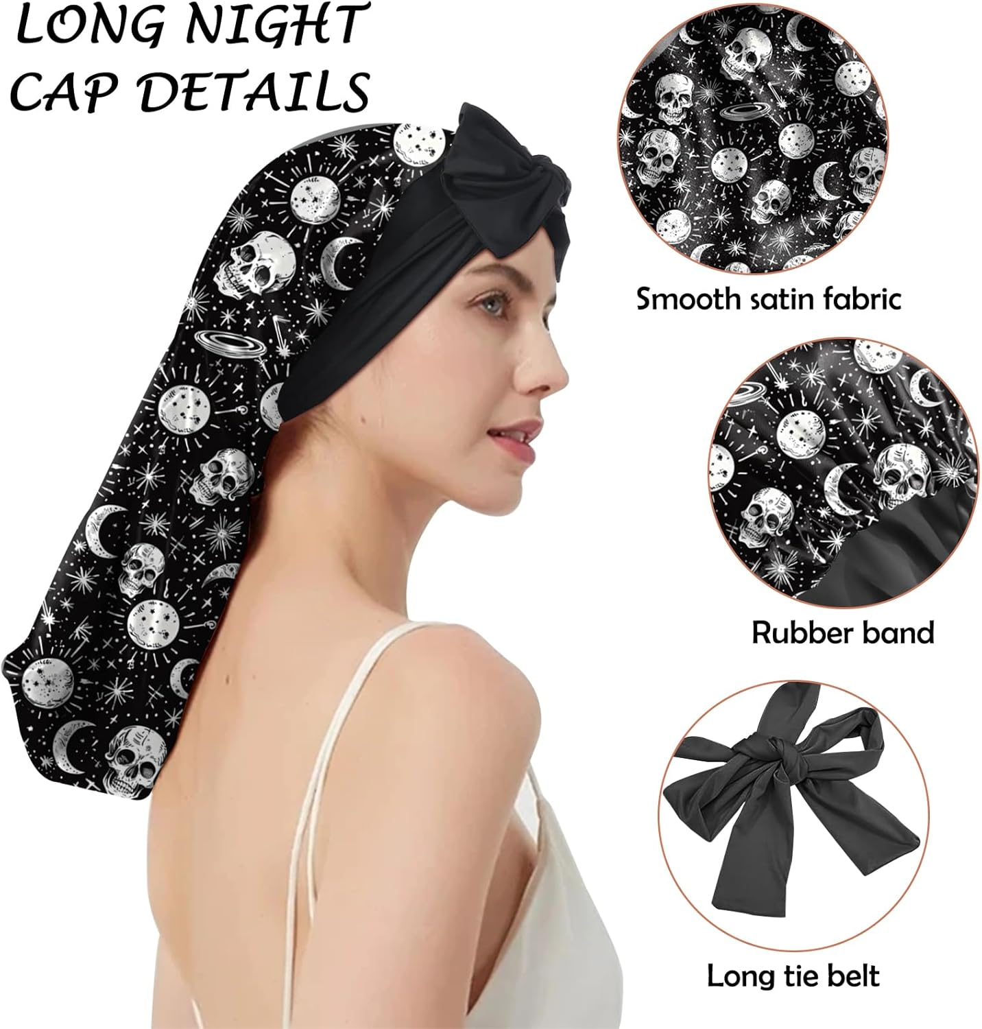 BHAHB Silk Feeling Long Satin Bonnet for Sleeping Adjustable Double Layer Elastic Reusable Long Hair Caps Cute Women Girls - A1-Flowers image number 7