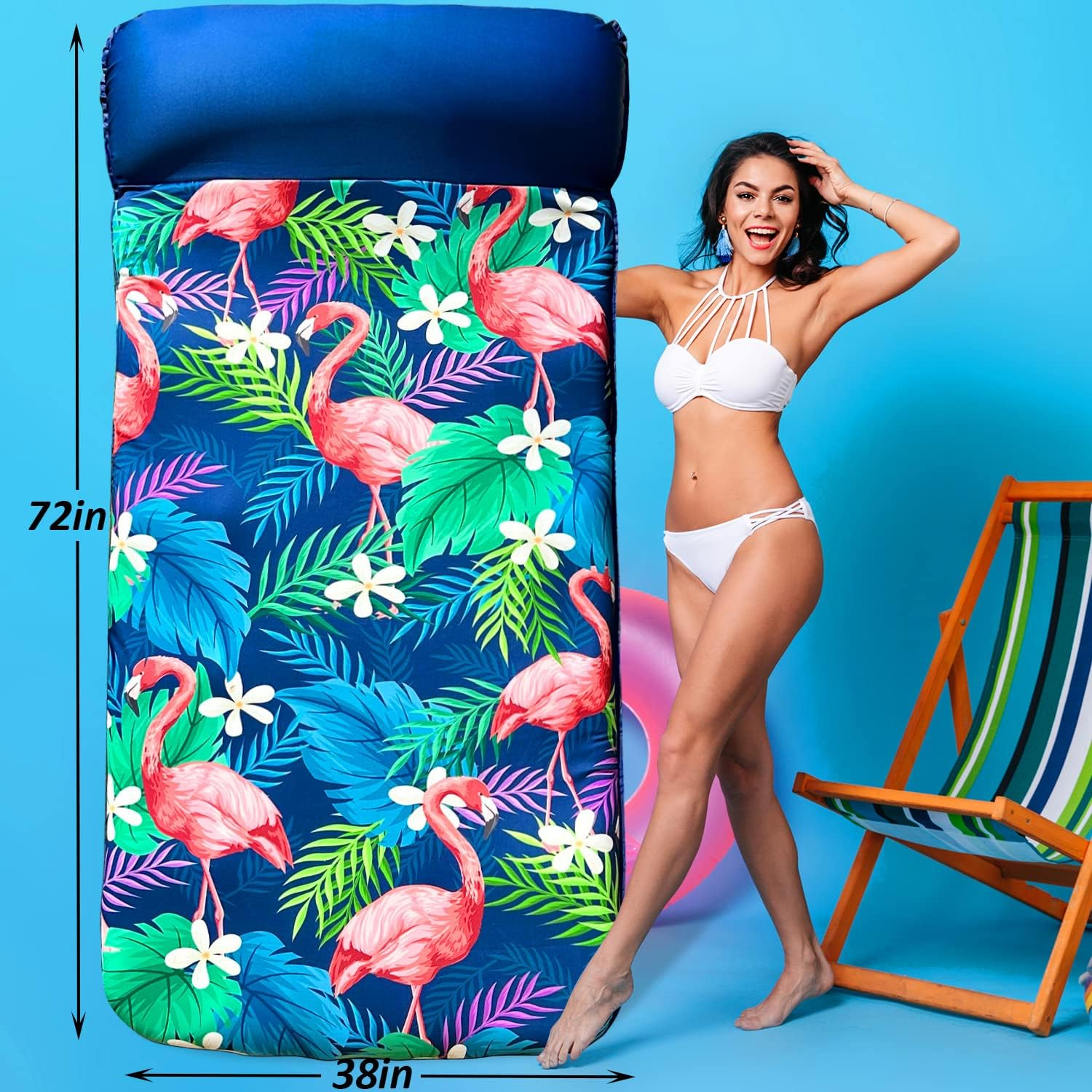 Finduwill Oversized Pool Floats Adults - 72" X38'' X-Large Fabric Covered Tanning Pool Lounger, Inflatable Pool Float with Headrest, Ultra-Comfort Pool Floaties Raft Lake Beach Float(Xl, Flamingo)